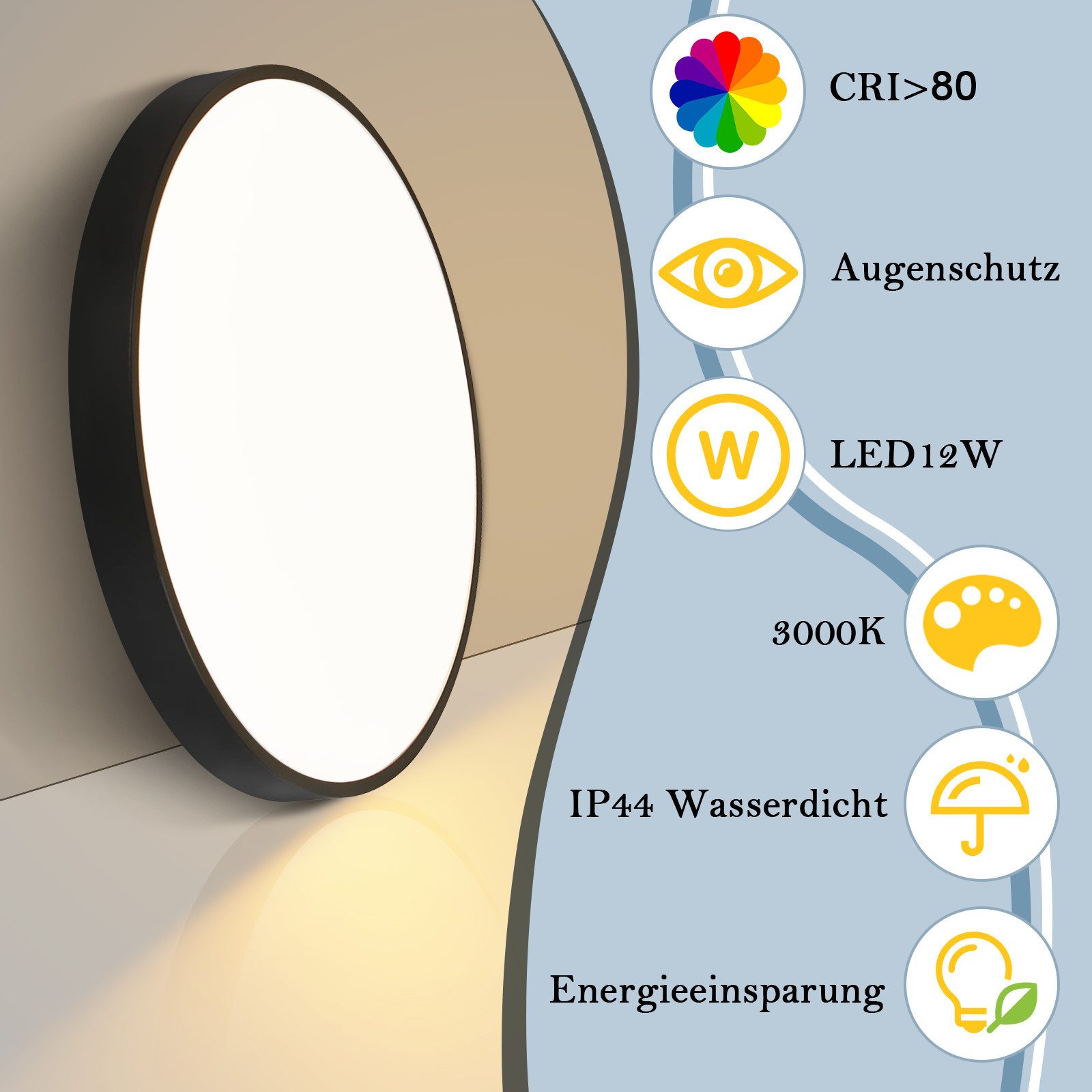 Nettlife LED Panel Moderne Deckenleuchte 12W 3000K Warmweiß 21cm Rund Schwarz, LED fest integriert, Warmweiß, Moderne Deckenleuchte für Flur Küche Balkon Schlafzimmer