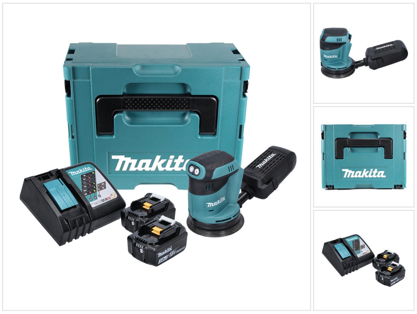 Makita Akku-Exzenterschleifer DBO 180 RFJ 18 V 125 mm + 2x Akku 3,0 Ah + Ladegerät + Makpac