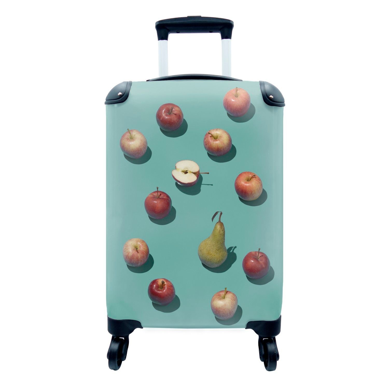 MuchoWow Handgepäckkoffer Hohe Winkelansicht von Birne inmitten von Äpfeln auf blauem, 4 Rollen, Reisetasche mit rollen, Handgepäck für Ferien, Trolley, Reisekoffer