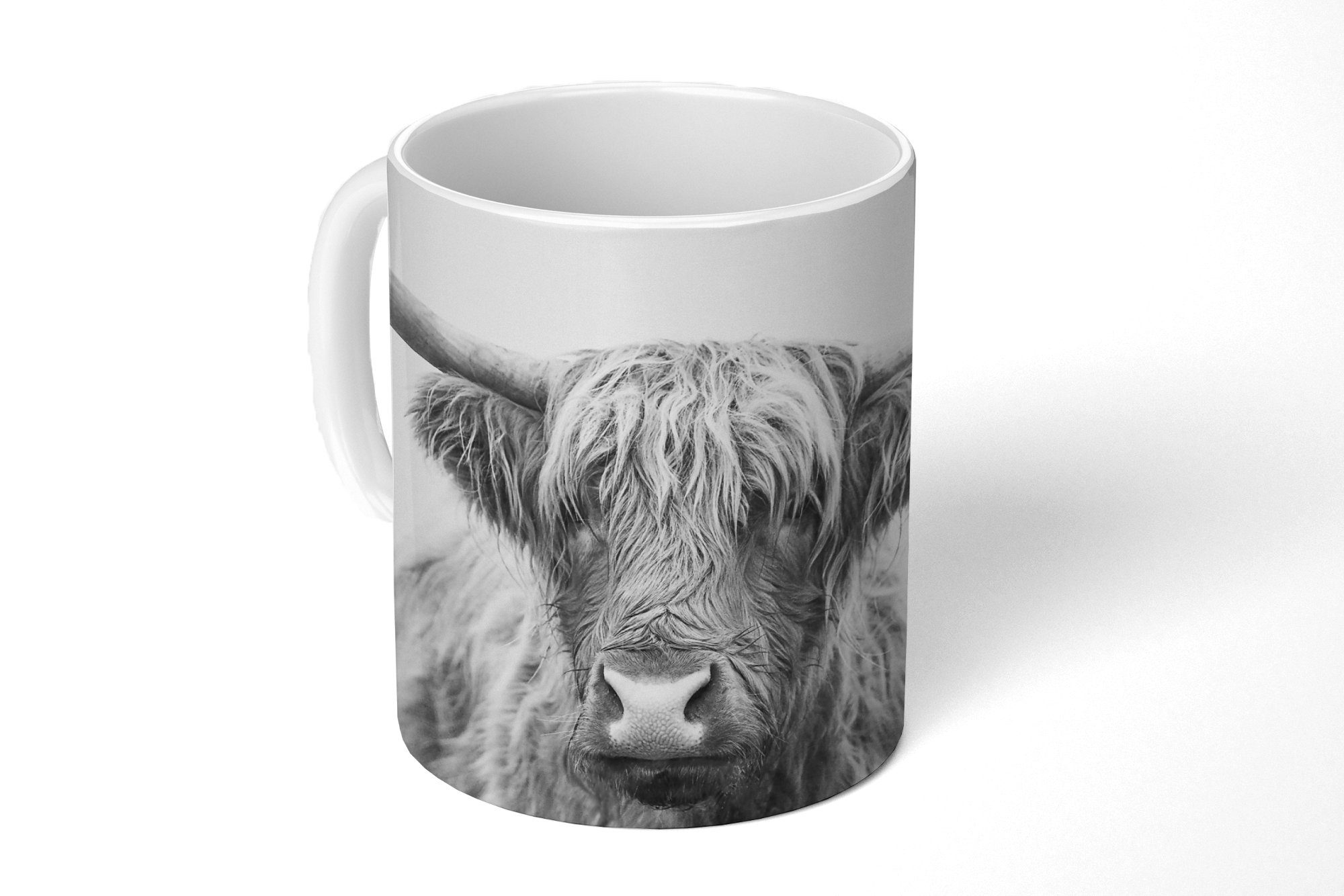 MuchoWow Tasse Schottischer Highlander - Tiere - Hörner - Schwarz und weiß, Keramik, Kaffeetassen, Teetasse, Becher, Teetasse, Geschenk