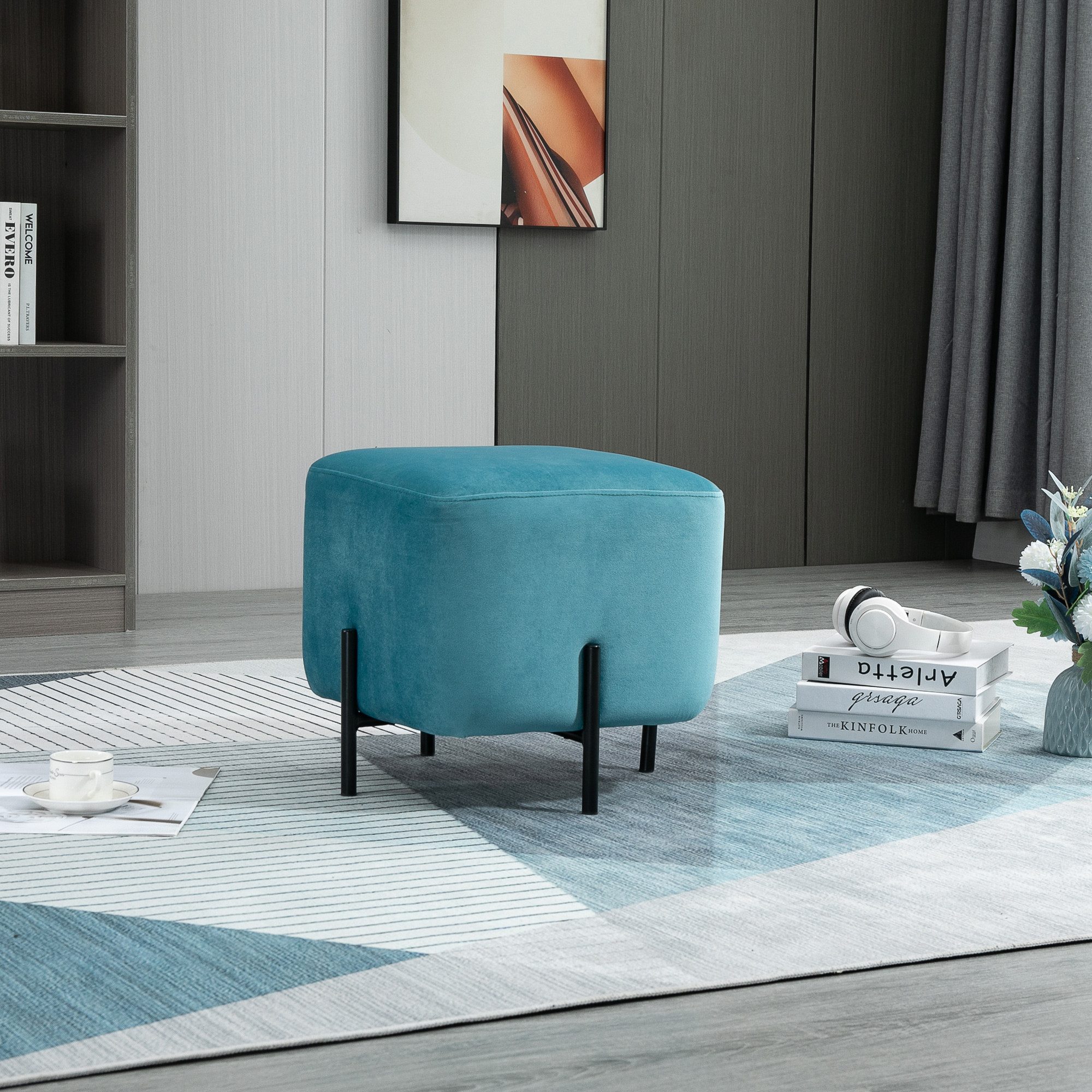 HOMCOM Fußhocker Fußstütze gepolstert Polyester Stahl Schaumstoff (Fußbank, 11 St., Sitzhocker), Türkis 44,5 x 44,5 x 41,5 cm