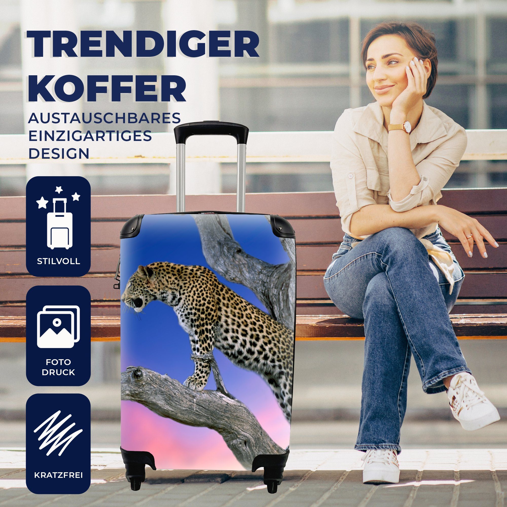 Trolley, für Handgepäckkoffer Baum Zweig, mit Reisekoffer MuchoWow Handgepäck Reisetasche rollen, - Rollen, - Ferien, 4 Leopard