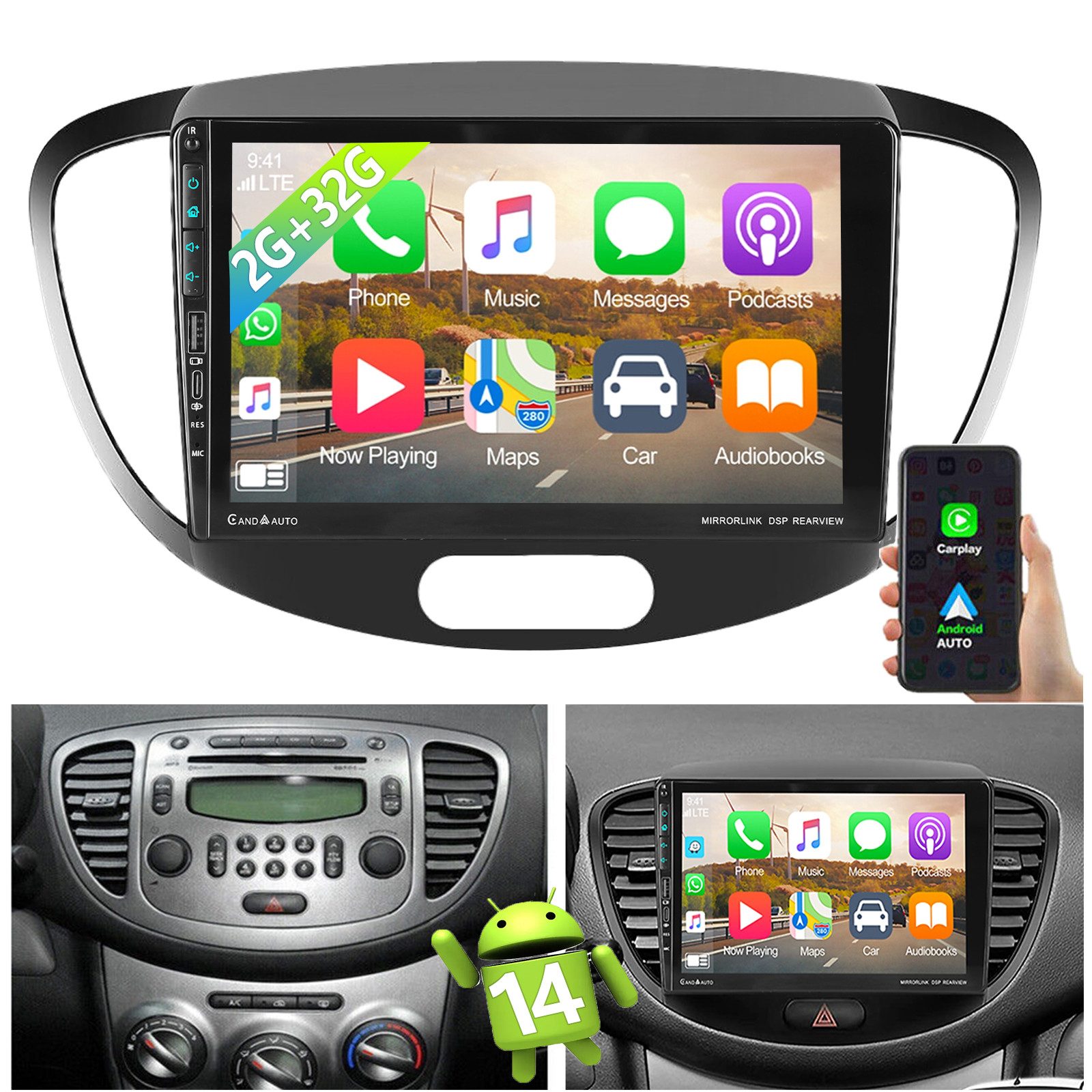 ESSGOO DAB+ Für Hyundai i10 2007-2013 Autoradio Android 14 Carplay USB Type-C Autoradio (Digitalradio (DAB), 4+64GB(optional), RDS, AM, FM, Carplay Android Auto Bluetooth EQ USB GPS Navi WIFI Touchscreen)