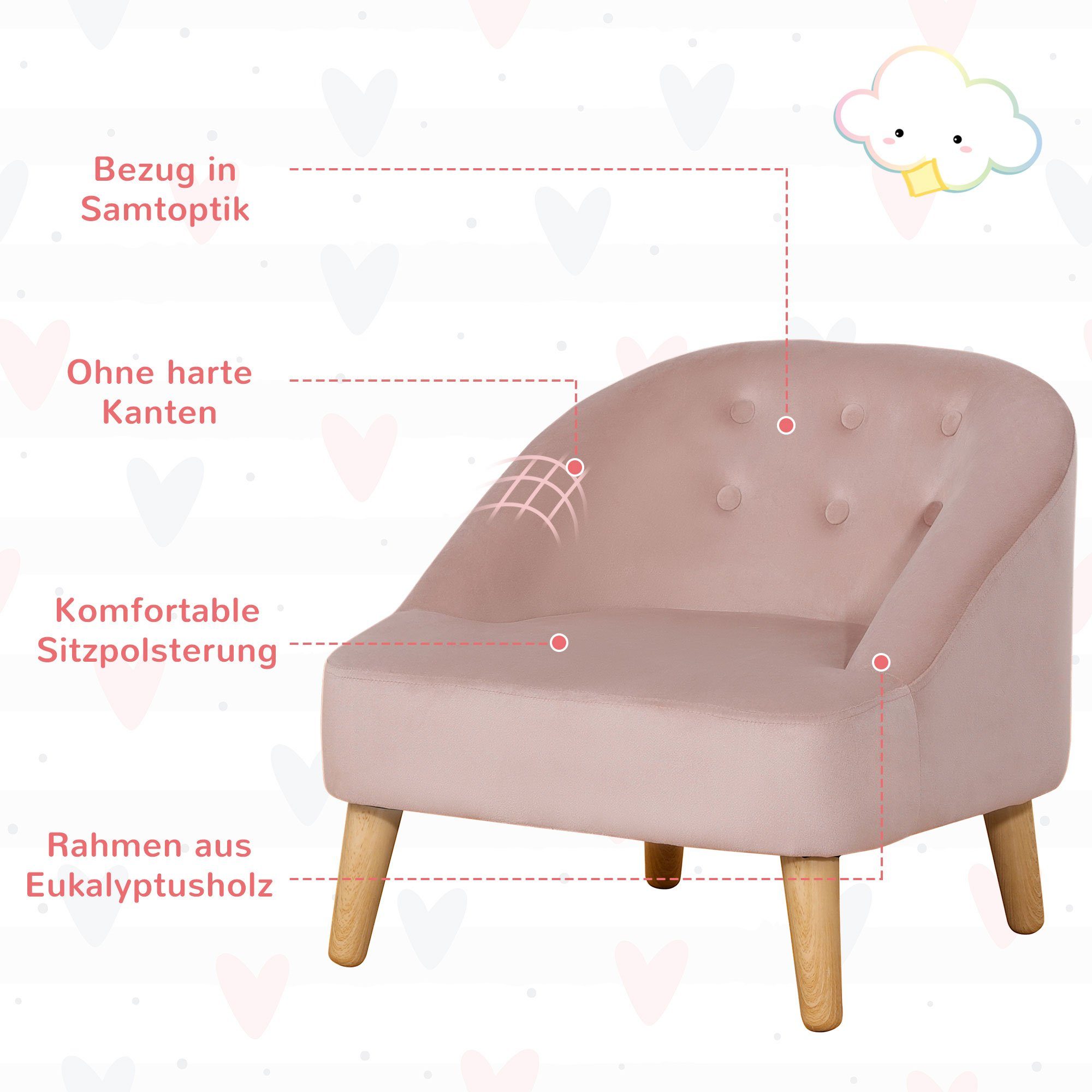 Einfache Kindersessel | HOMCOM Eukalyptusholz rosa Samtoptik Sessel Demontage rosa Kindermöbel Montage | (Set, Kinderzimmer Kindersofa), rosa 10-St., und