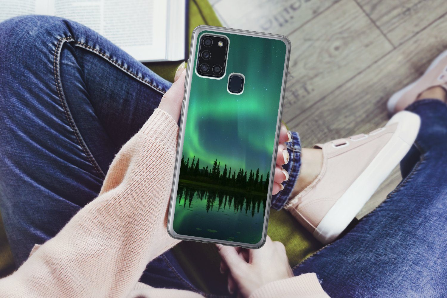 MuchoWow Handyhülle für Samsung Galaxy A21s Nordlicht - Bäume - Wasser - Alaska, Smartphone-Bumper, Print, Handy Schutzhülle Dünn