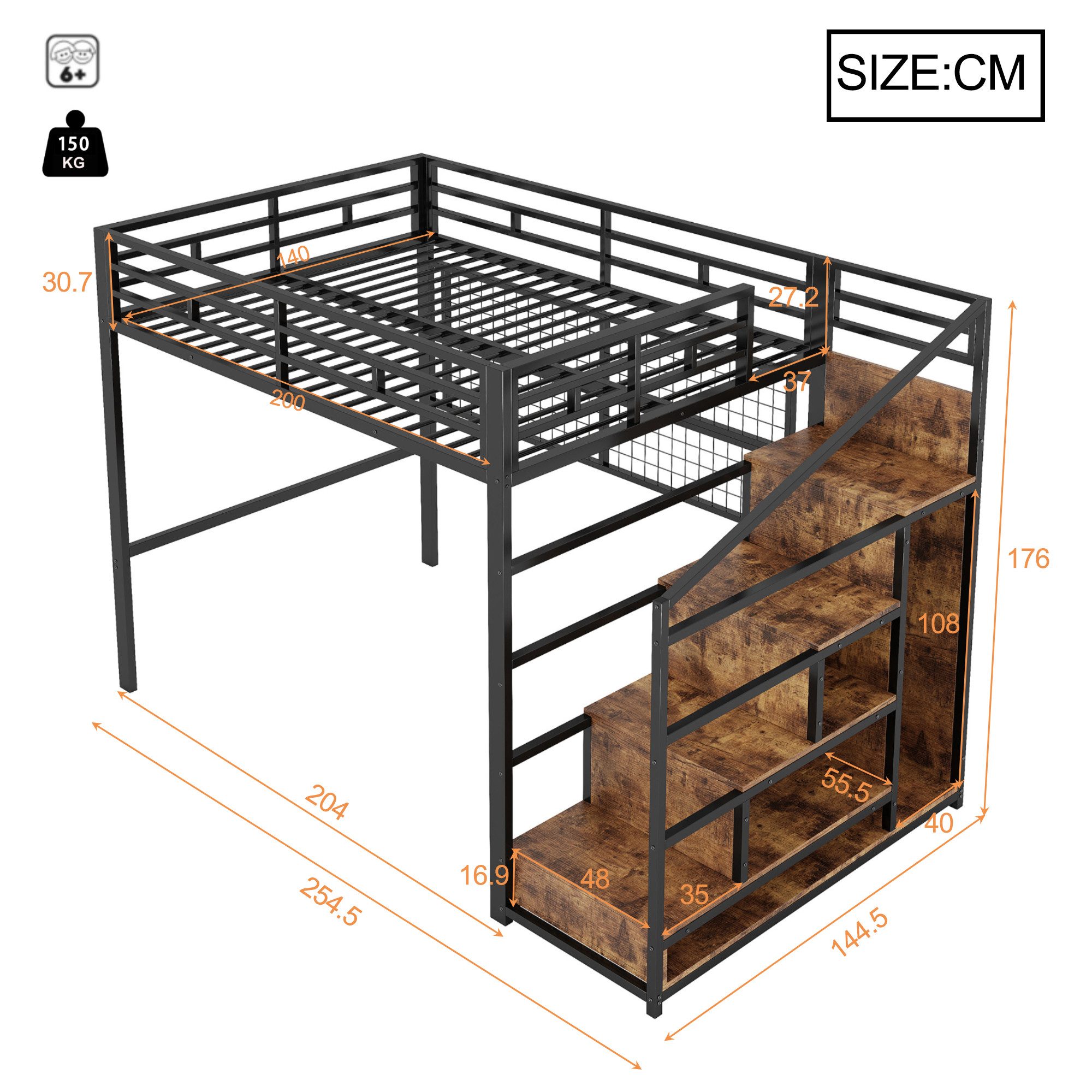 Ulife Hochbett Jugendbett mit LED-Beleuchtung, Kleiderschrank, Stauraumleit günstig online kaufen