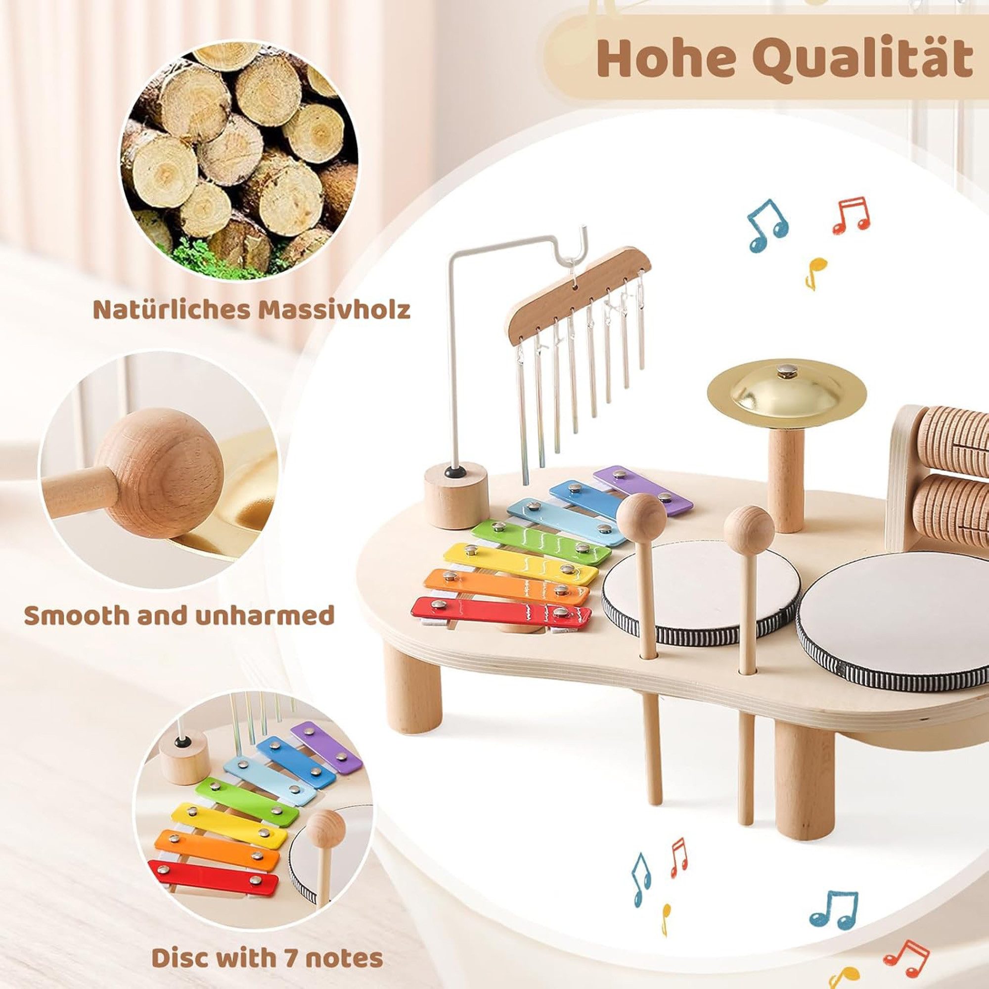ibettertec Lernspielzeug Montessori, Musikinstrumente, Schlagzeugset, Xylophon, Trommel (Spar-Set, 1-St., 7-in-1 Percussion-Set mit Xylophon, 2 Trommeln, Klangblöcken), FSC-zertifiziertes Holz, ungiftige Wasserlackierung, gratfreie Kanten