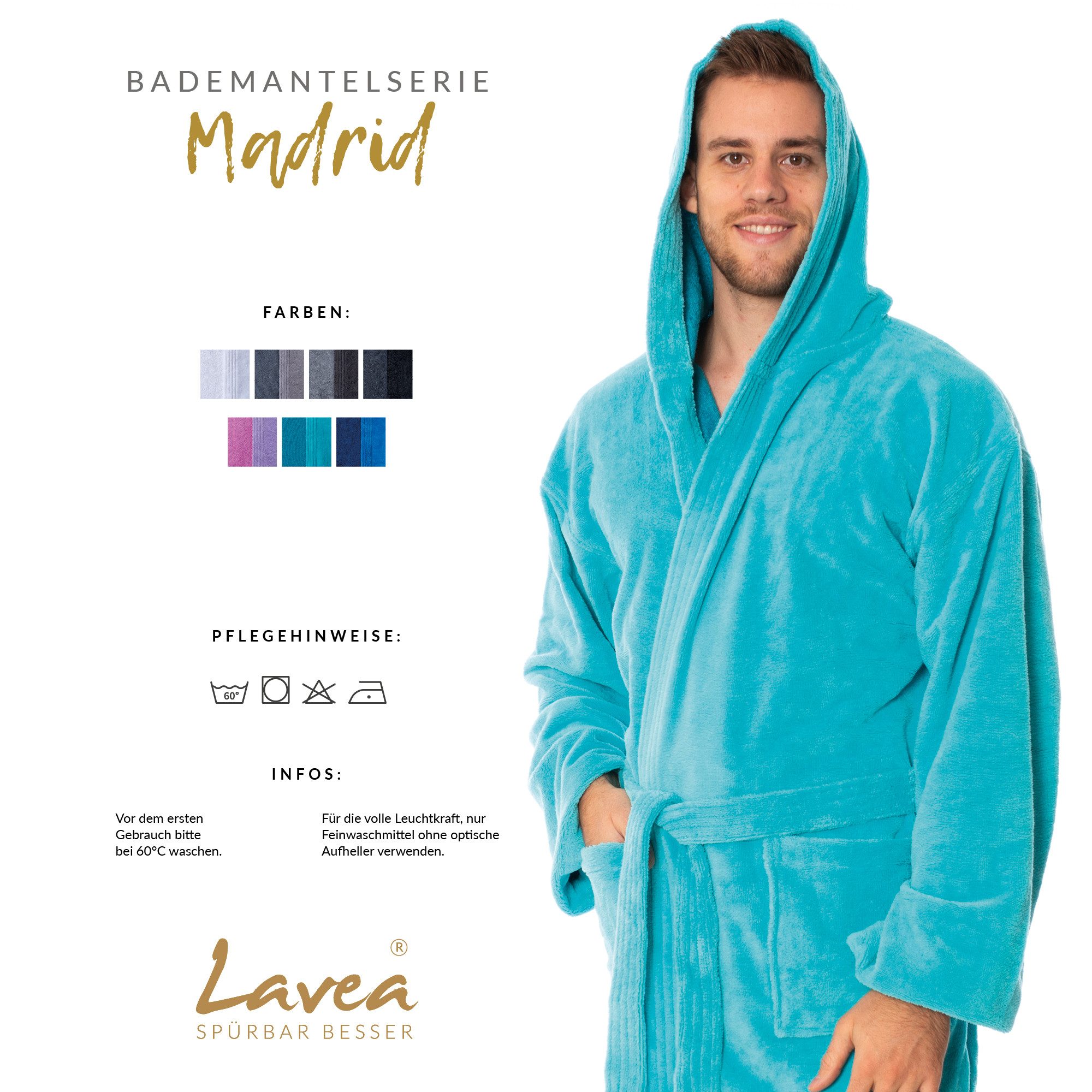 Lavea Bademantel Damen und Herren, Unisex Morgenmantel Madrid mit Kapuze, Lang, 40 % Polyester, 30 % Baumwolle, 30 % Viskose, Bindegürtel aus Soft-Velour, pflegeleicht, hautfreundlich und saugstark, Sauna & Wellness