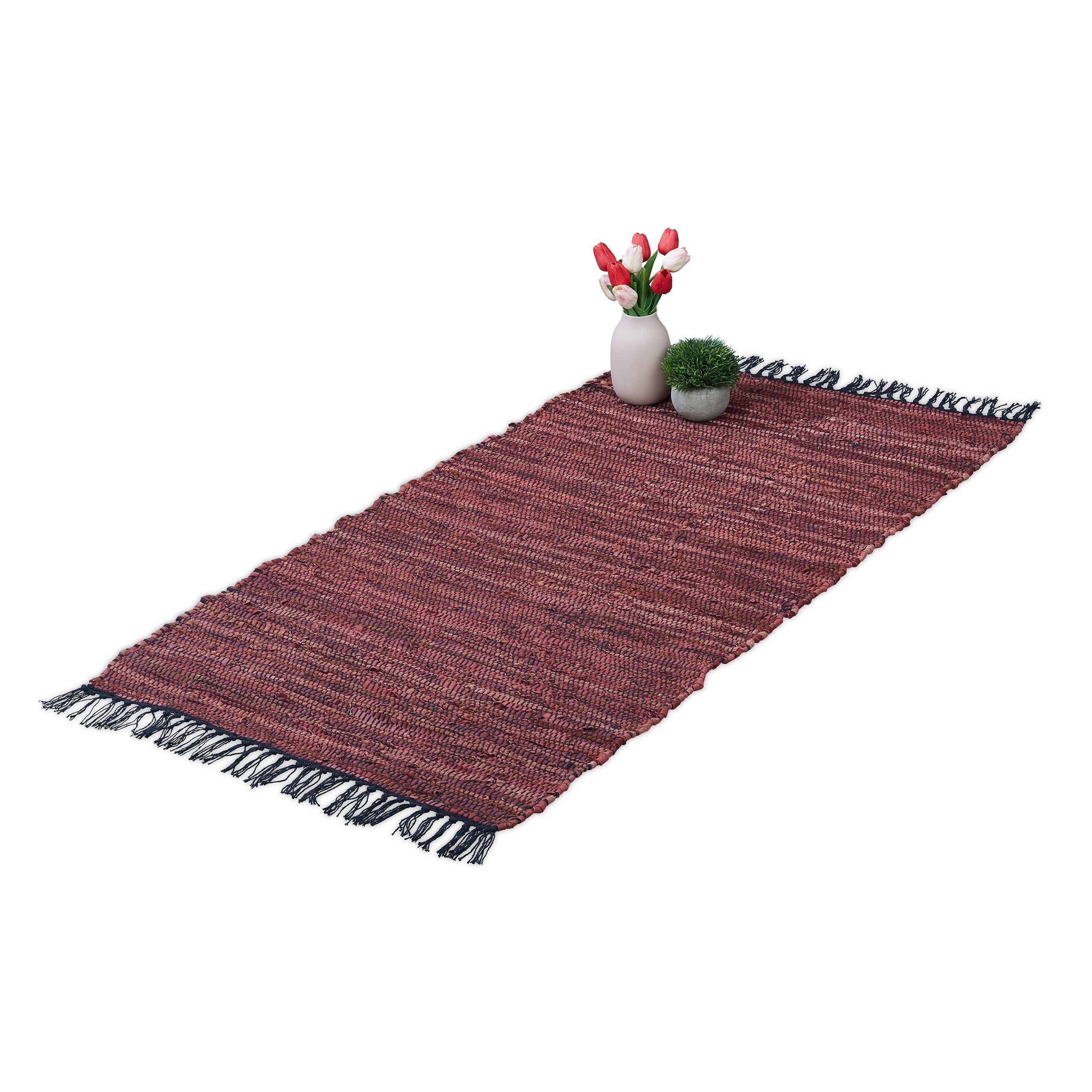 Läufer Flickenteppich Leder & Baumwolle, relaxdays, Höhe: 10 mm, Rot, 70 x 140 cm Rot Dunkelrot Schwarz