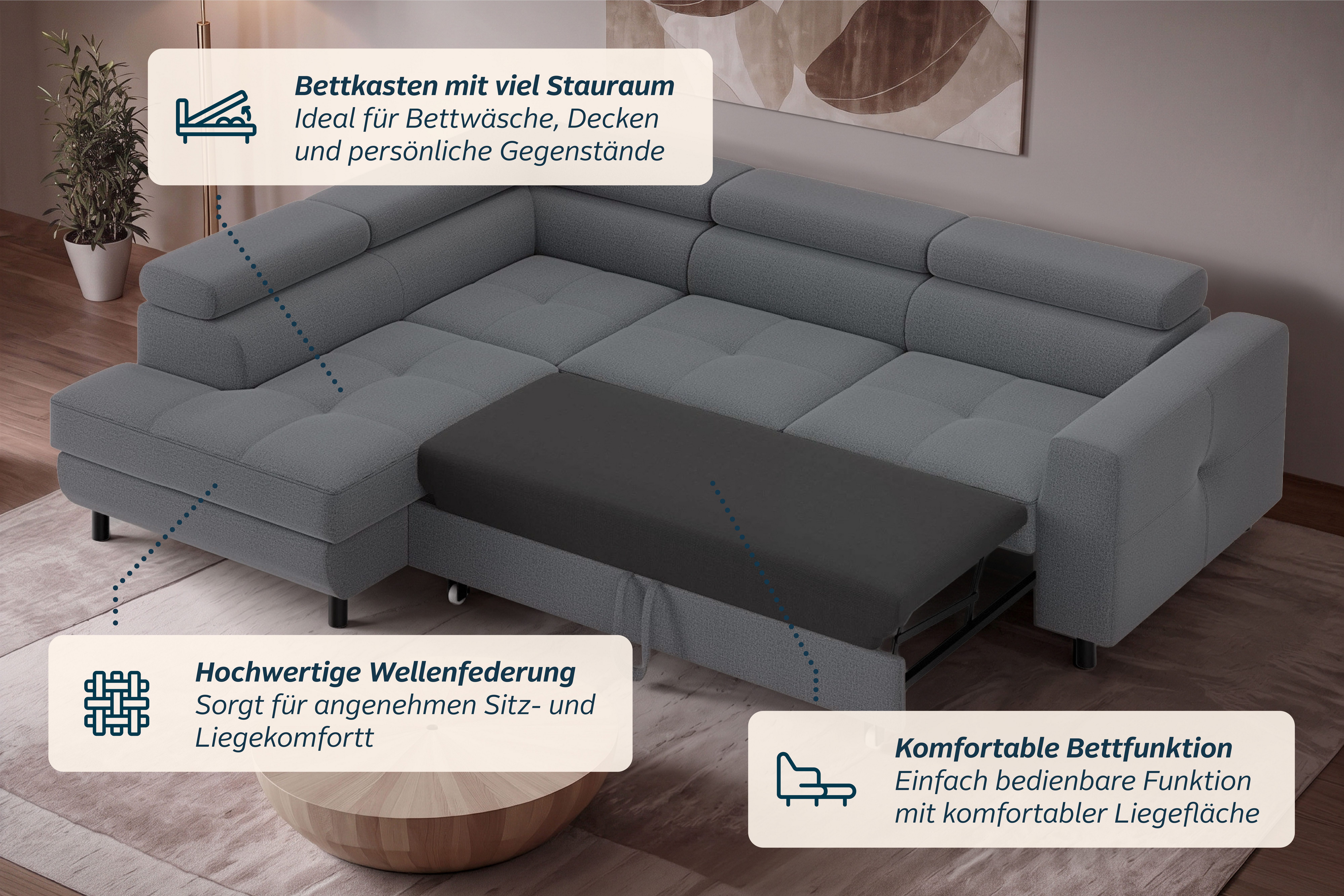 OTTO home Ecksofa AADEN Schlafsofa 254 cm - OTTO. Verlässliche Qualität., mit Bettfunktion, Bettkasten, Kopfstützen, rechts/links bestellbar – Bild 4 von 5