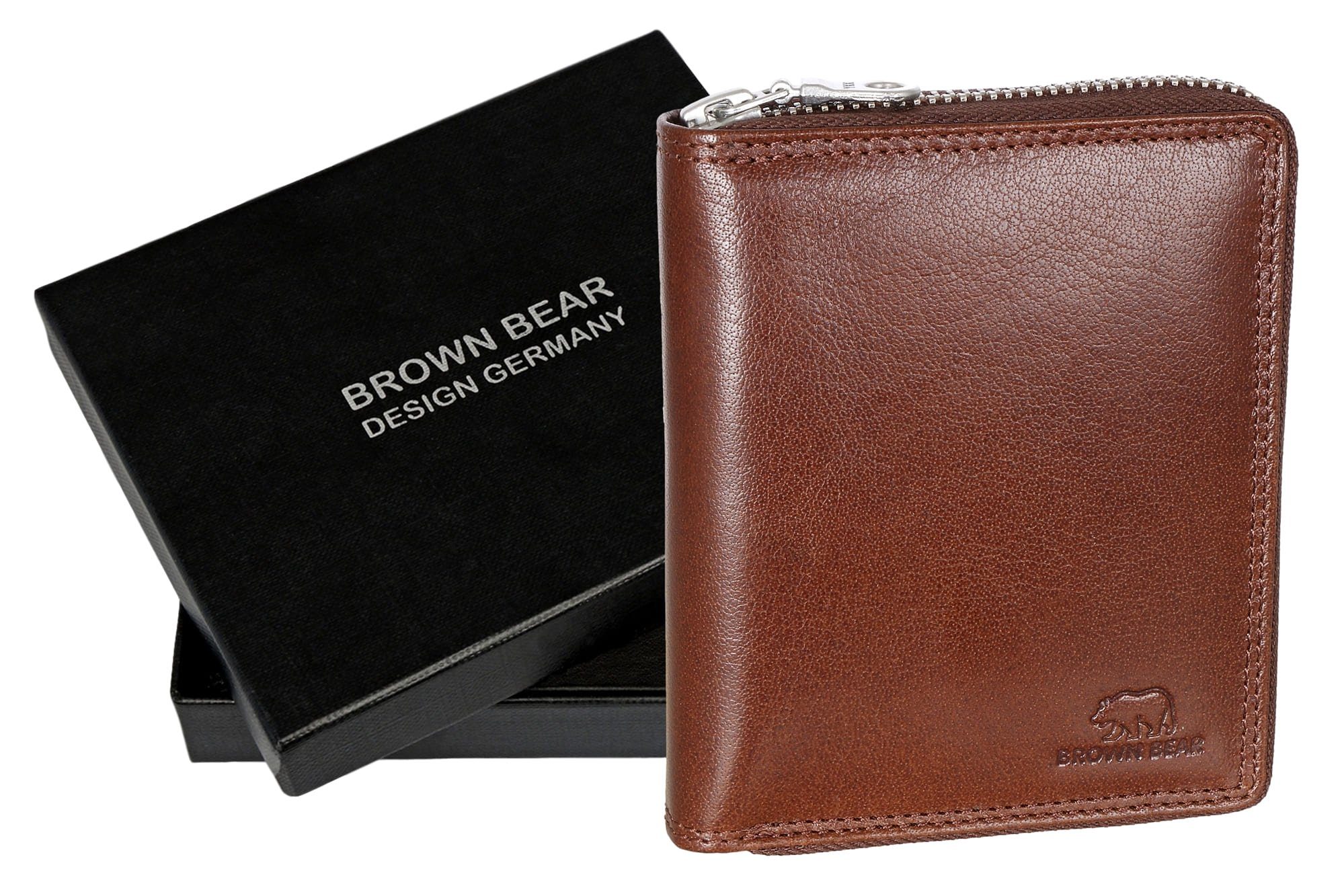 Geldbörse Kartenfächer Braun Schutz Unisex 8 Brown Classic Reißverschluss Sichtfach Bear 8009 RFID Toscana Farbe umlaufender Echtleder, Braun