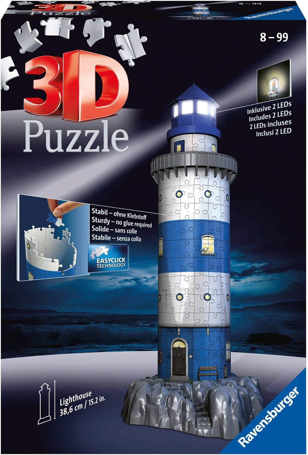 Ravensburger 3D-Puzzle Leuchtturm bei Nacht, 216 Puzzleteile, inkl. 2 LEDs; Made in Europe, FSC® - schützt Wald - weltweit