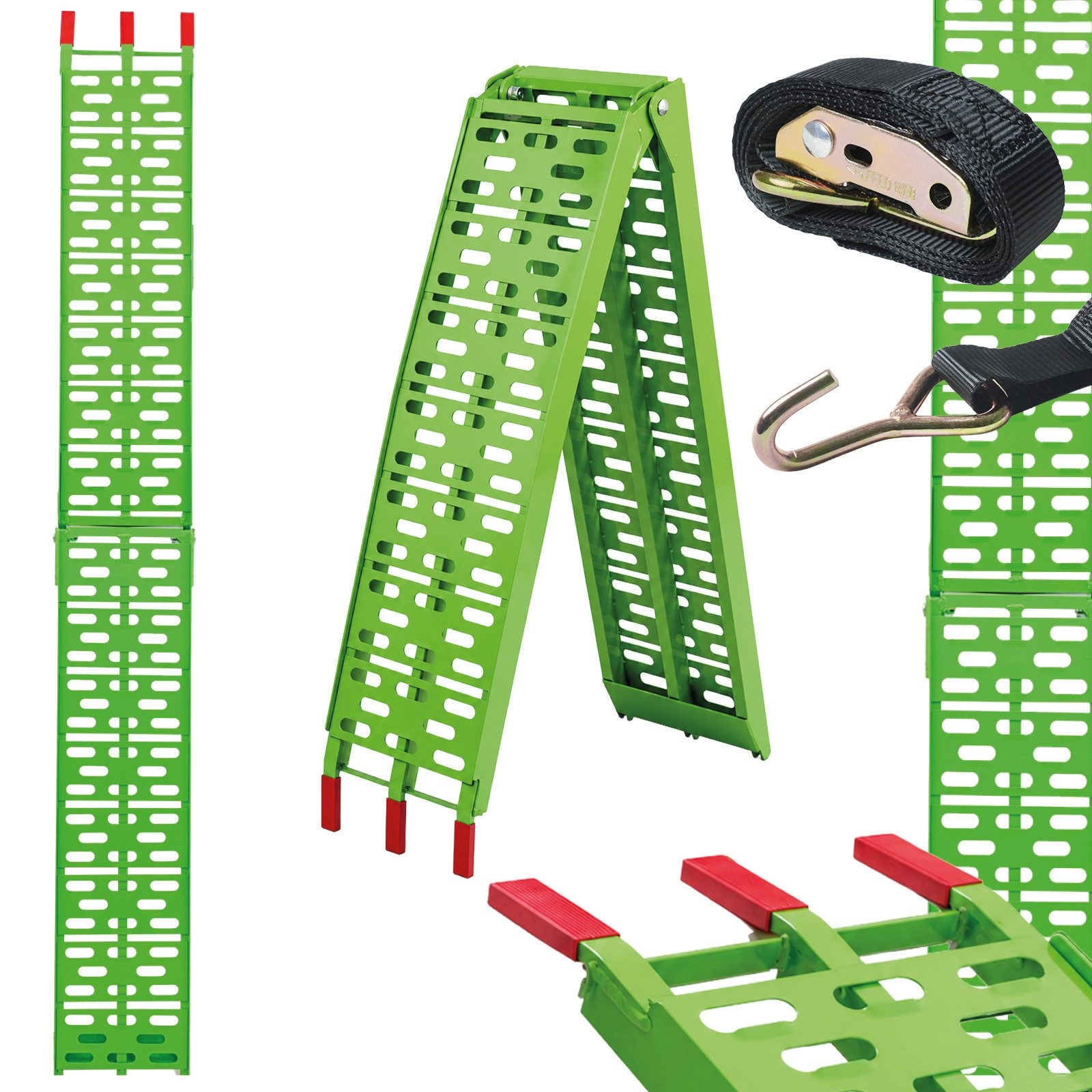 TRUTZHOLM Auffahrrampe klappbar 228 cm Traglast 340 kg Alu gelocht Motorradrampe Rampe grün (1-St., Inkl. Spanngurt), sehr stabile Ausführung, trotzdem sehr leicht - massives Aluminium