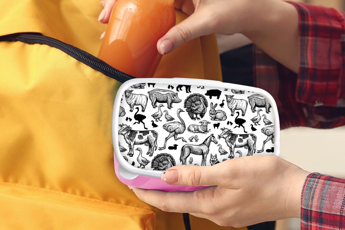 MuchoWow Lunchbox Muster - Kinder, Schwarz (2-tlg), Kunststoff, Tiere für rosa Mädchen, Kunststoff Brotdose und Snackbox, Erwachsene, - weiß, Brotbox