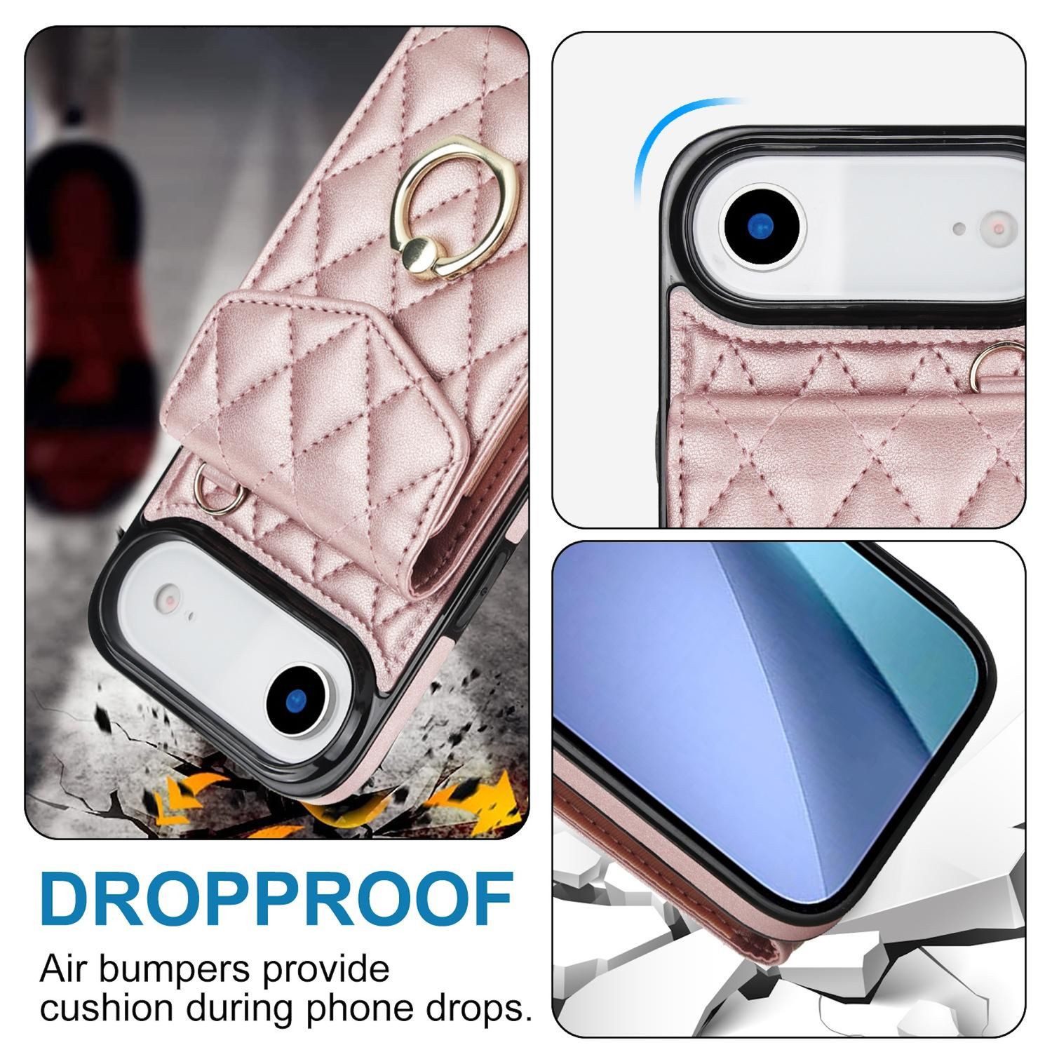 Wigento Handyhülle Für Apple iPhone 17 Air Crossbody Kunstleder Rhombic Hülle Rose Gold, Mit Kartenfächern, RFID-Schutz, Gurt