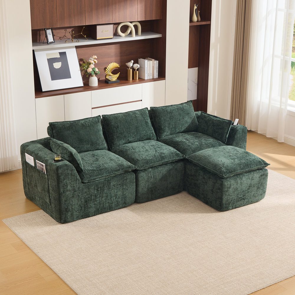 Odikalo Ecksofa Loungesofa Modulares Cordstoff Sofa mit Fußhocker, 3-Sitzer-Sofa, inklusive Kissen, Getränkehalter und 2 Seitentaschen. Mit einer Füllung aus Schaumstoff und Federkern. Ideal für Wohnzimmer und ähnliche Räume