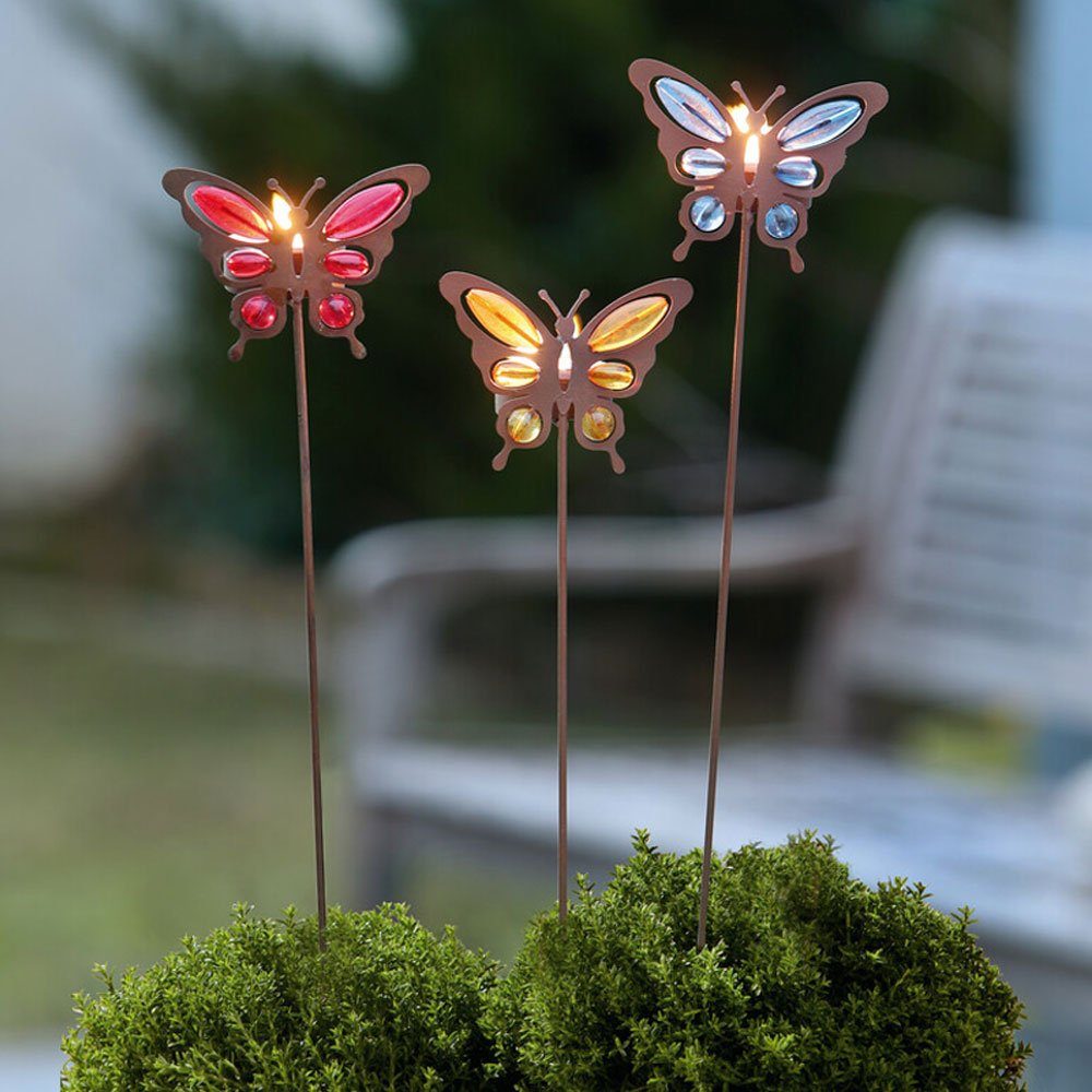 Home-trends24.de Gartenstecker Teelichthalter Schmetterlinge Figur  Rostoptik Garten & Terrasse Deko (3-St)
