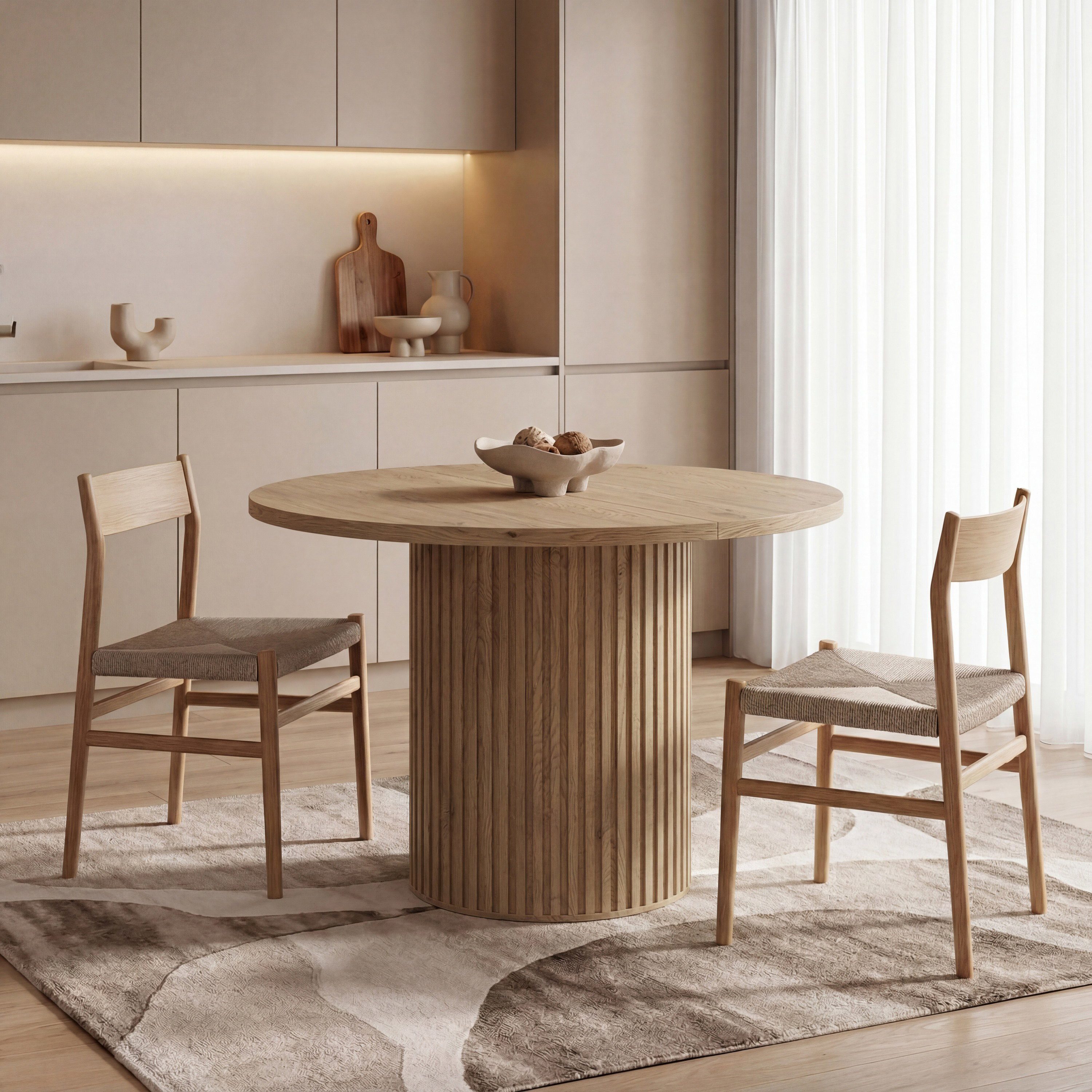 WFL GROUP Esstisch Norin Ausziehbar Rund in Scandi-Loft Stil (MADE IN EU, Erweiterbar von 100 cm auf 188 cm, Höhe 75 cm, 2 Einlegeplatten), Gestell in Lamellenoptik