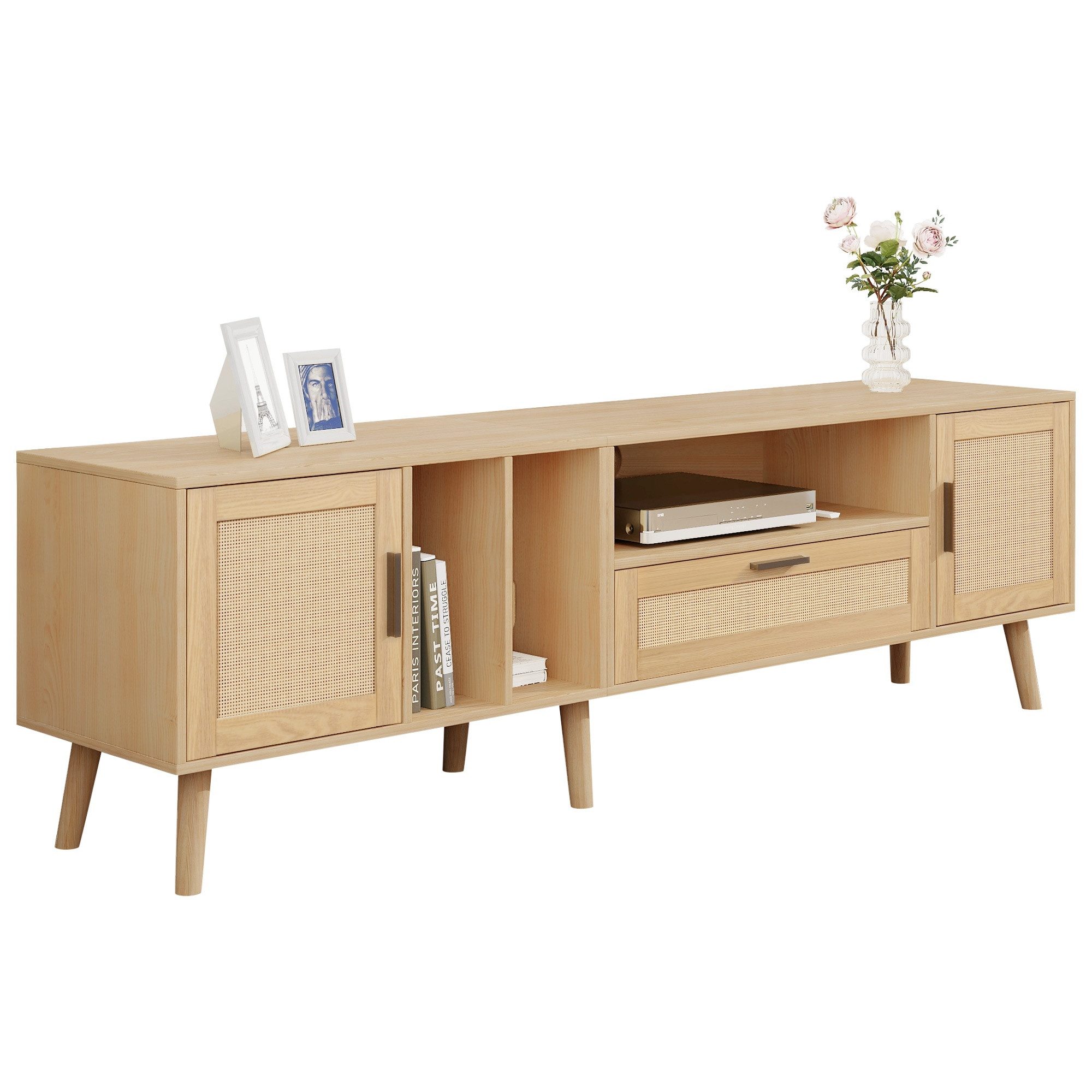 MC Star TV-Ständer Geräumiger 180-cm-TV-Schrank mit Rattan-Dekoration, (2 Türen und einer Schublade, Beine aus Massivholz, bietet Platz für einen 80-Zoll-Fernseher, TV-Aufbewahrungsschrank, TV-Schrank)