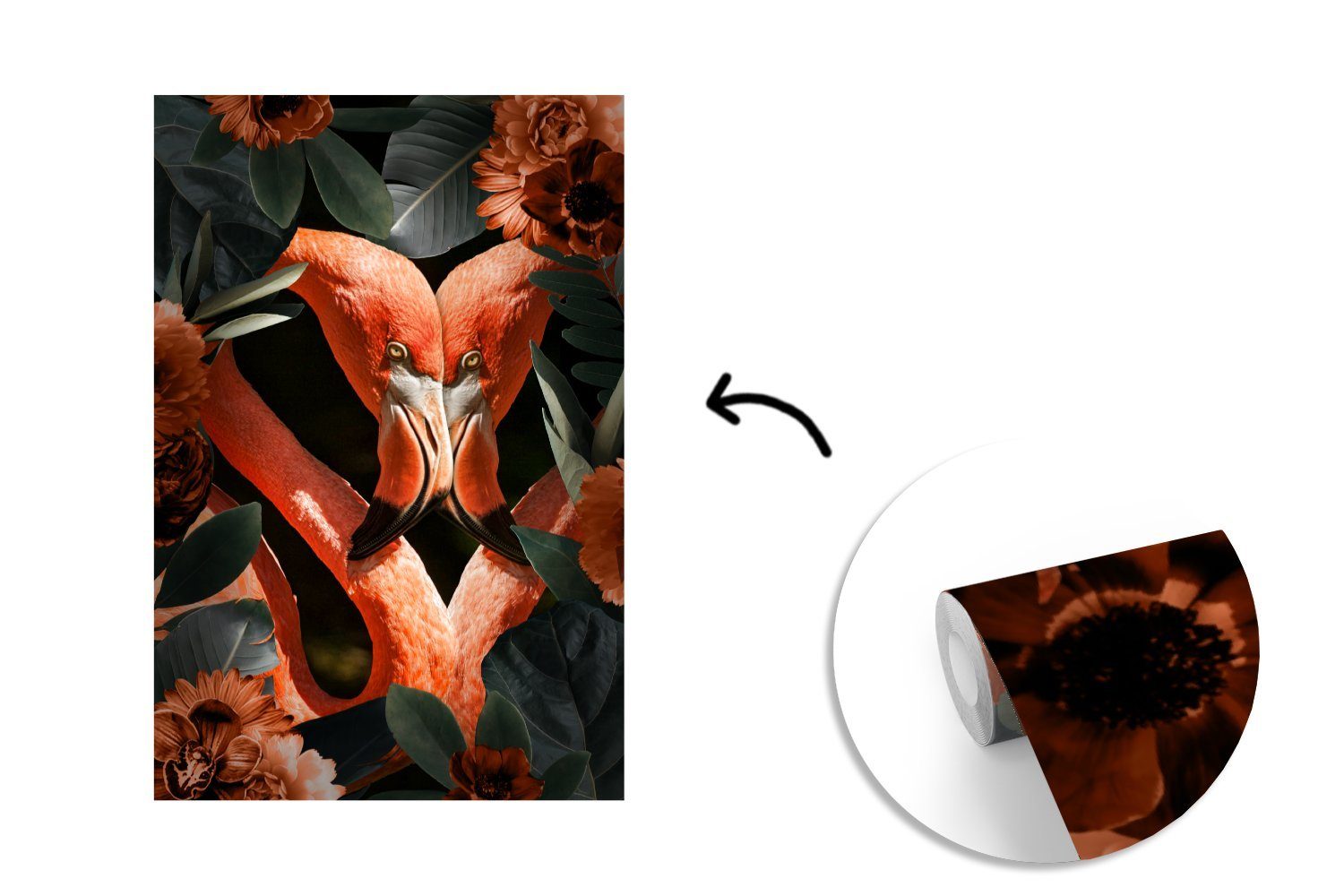 (3 Blumen, - für Montagefertig MuchoWow St), Fototapete Blätter Vinyl Wohnzimmer, - Wandtapete bedruckt, Matt, Tapete Flamingo