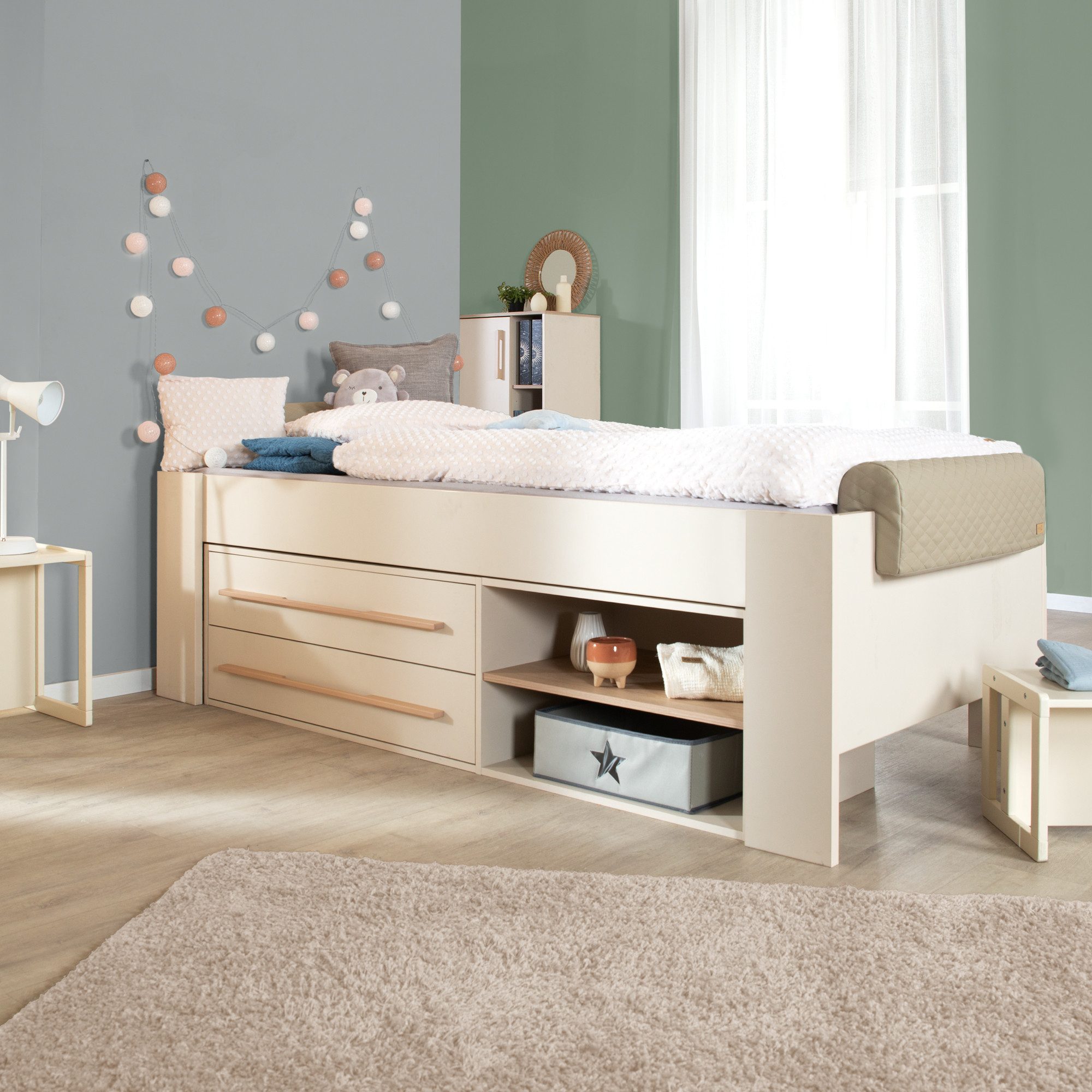 roba® Kinderbett Flexi Grow 90 x 200 cm- mitwachsendes & modulares Bett-System aus Holz (Hergestellt in Europa - Blauer Engel zertifiziert, mit Schubladen & offenen Fächern - Stabile Konstruktion), Jugendbett m. Stauraumelement, praktische Liegehöhe - Beige / Cashmere