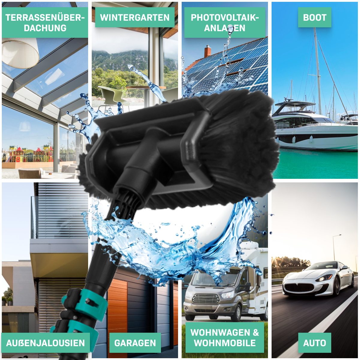 VONROC Reinigungsbürste Teleskop Waschbürste mit Teleskopstiel, Reinigung für Fenster, Terrassendach, Solaranlage, (Packung), Integrierter Wasserschlauch, Stufenlos verstellbar