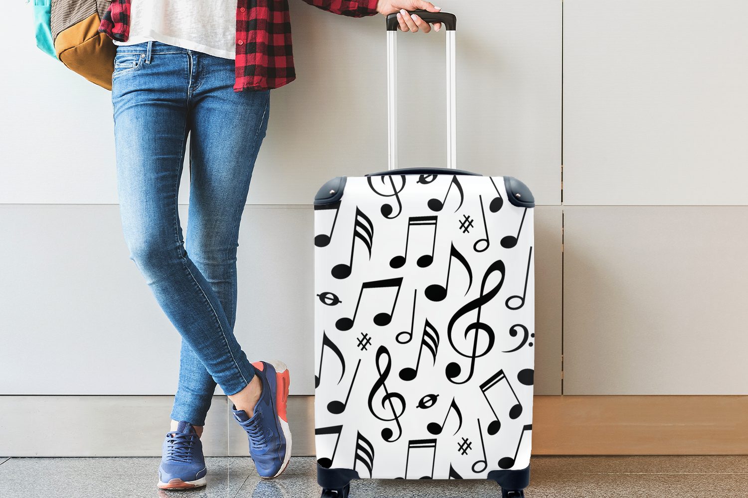 4 - MuchoWow Reisetasche - und Handgepäck für Schwarz Ferien, Trolley, mit Rollen, Handgepäckkoffer rollen, Weiß, Musik Muster Reisekoffer