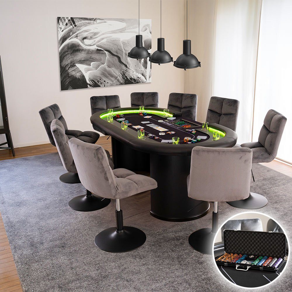 HOME DELUXE Spieltisch Pokertisch inkl. Pokerkoffer und Stühle LAS VEGAS,  (215 x 106 x 78 cm), mit LED Beleuchtung & für 9 Personen I Poker Tisch