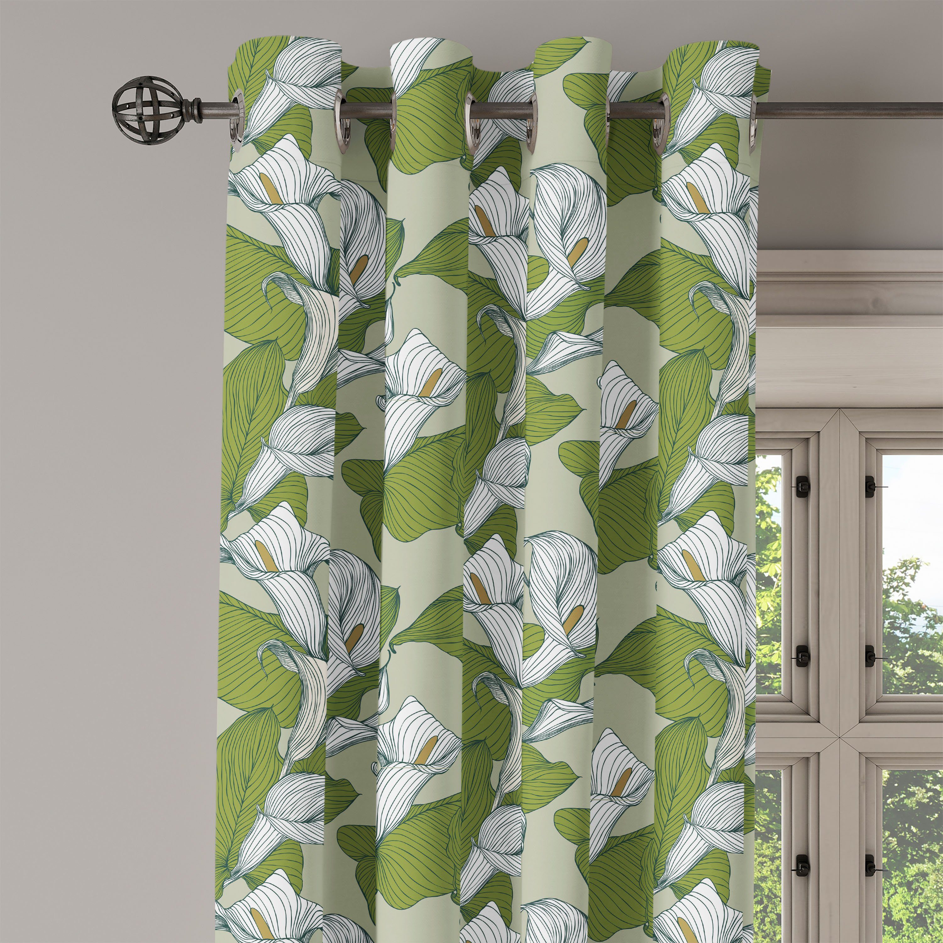 2-Panel-Fenstervorhänge Abakuhaus, für Gardine und Schlafzimmer Wohnzimmer, Dekorative Calla-Lilien Weiß Grün