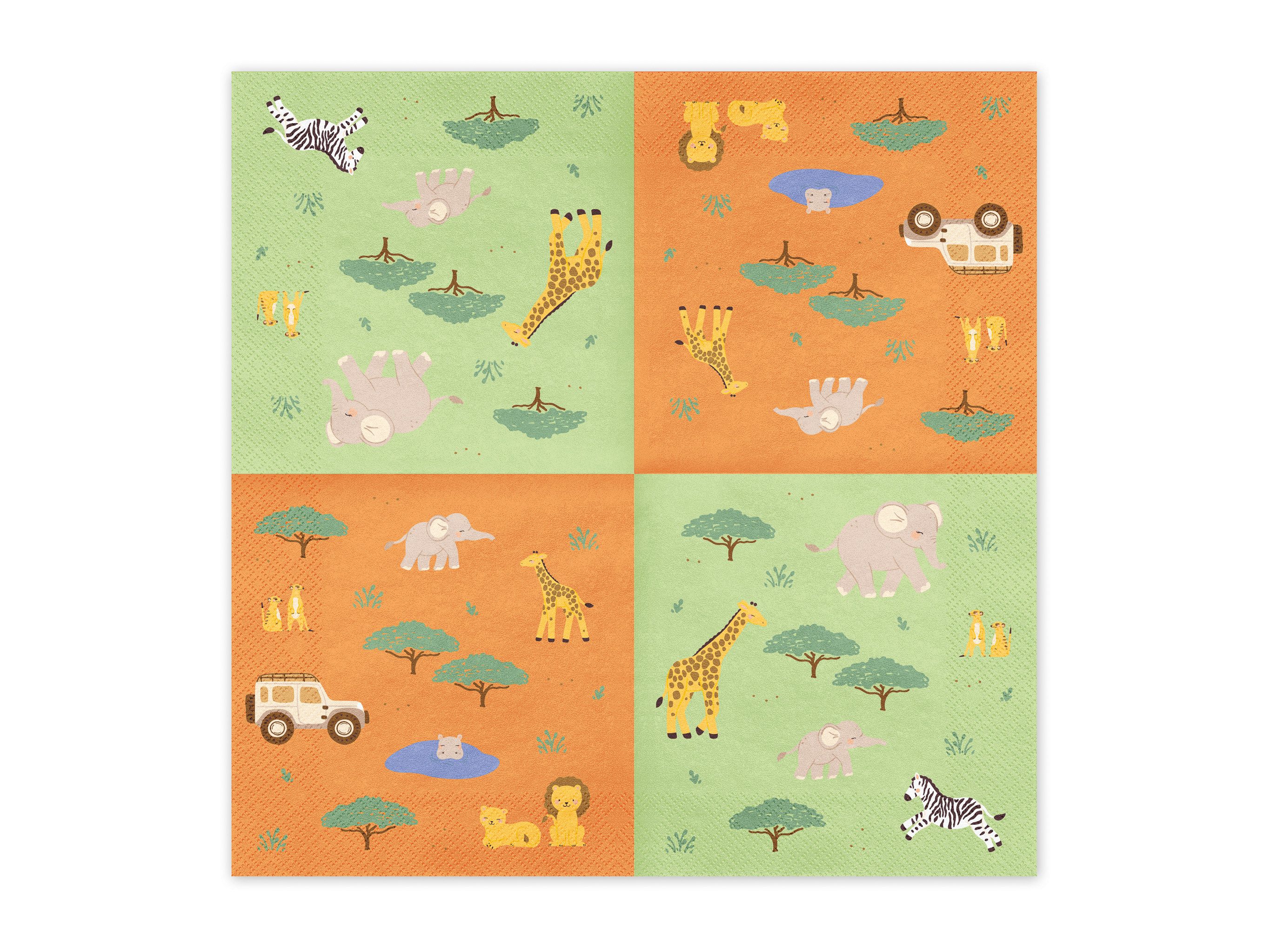 partydeco Papierserviette, Servietten Papier 33x33cm 2-lagig 12 Stück Safari Tiere Grün / Orange