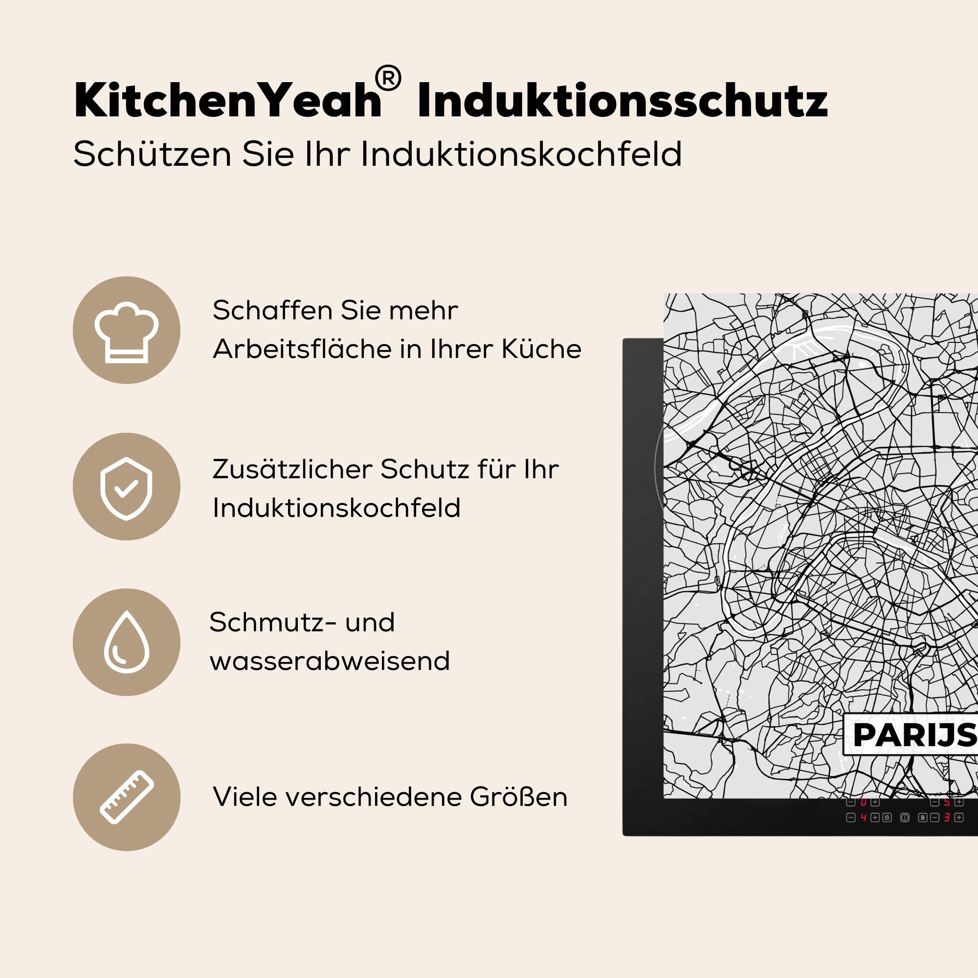 MuchoWow Herdblende-/Abdeckplatte Paris tlg), und Vinyl, weiß (1 - - küche - Stadtplan Ceranfeldabdeckung, Schwarz 78x78 Karte, Arbeitsplatte für cm