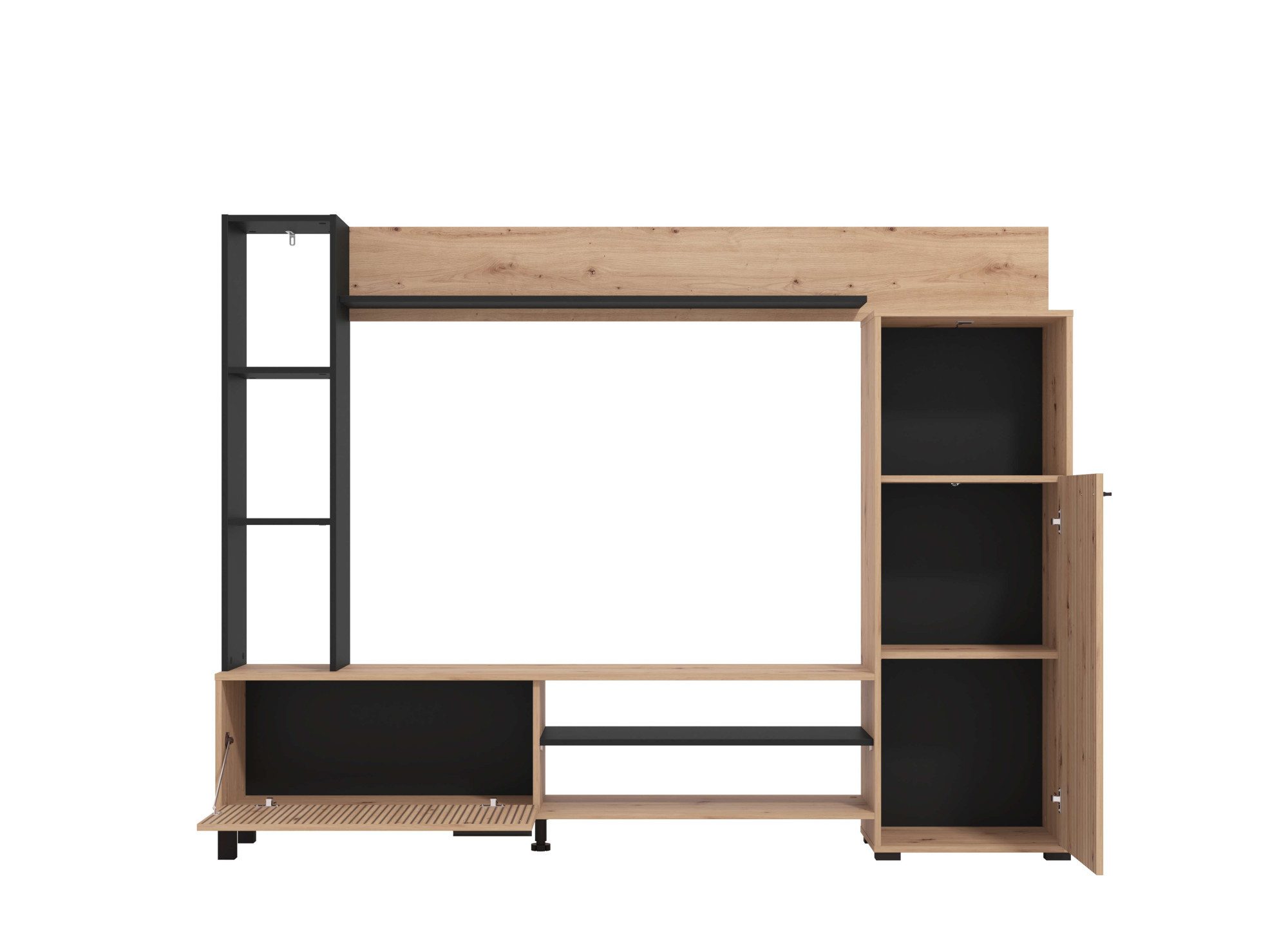 INOSIGN Wohnwand Retimno, inkl. Highboard, TV-Board, Standregal und Wandregal, (Komplett-Set, 4-St), 208 cm, Trendfarben, mit dekorativen schwarzen Streifen, TV bis 58'