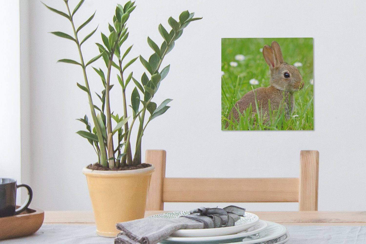 OneMillionCanvasses® Leinwandbild Leinwand Bilder Kaninchen Wohnzimmer - (1 Gras, Blumen - St), Schlafzimmer für