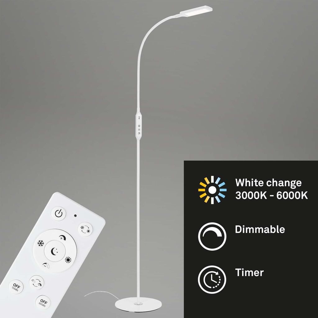 Briloner Leuchten Stehlampe 1296-016, Dimmfunktion, LED fest integriert, 2700K - Extra-Warmweiß, weiß, CCT, stufenlos dimmbar, Touchdimmer, inkl. Fernbedienung