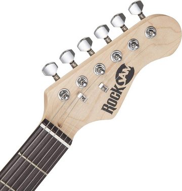 RockJam E-Gitarre E-Gitarren-Komplettset mit 10-Watt-Gitarrenverstärker, 6-St., Unterricht, Gurt, Gigbag, Plektren, Whammy, Kabel und Ersatzsaiten.