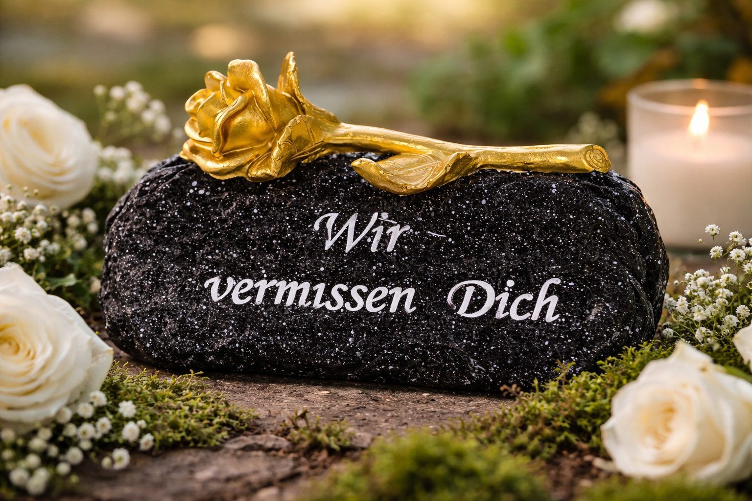 MF Grabkerze Gedenkstein Aurora mit Goldrose Wir vermissen Dich 16cm (1-tlg)
