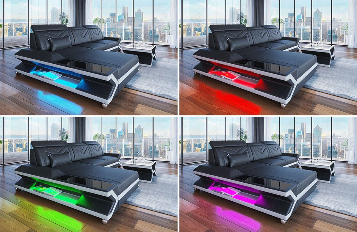 Sofa Dreams Wohnlandschaft Stoff Napoli U USB-Anschluss, Schwarz-Weiss Polstersofa H14 Couch XXL Form Stoffsofa, LED, Schlafsofa, mit Designersofa