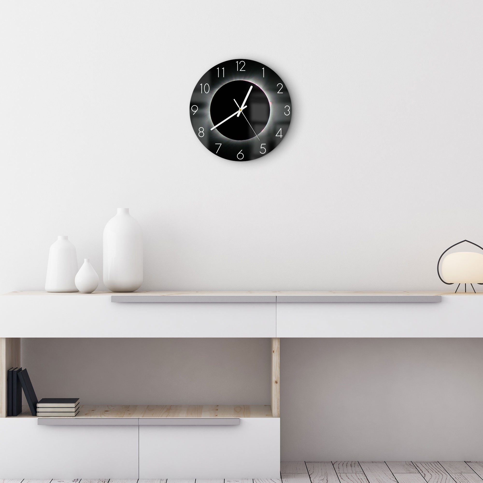 DEQORI Wanduhr 'Sonnenfinsternis' (Glas Glasuhr modern Wand Uhr Design Küchenuhr)