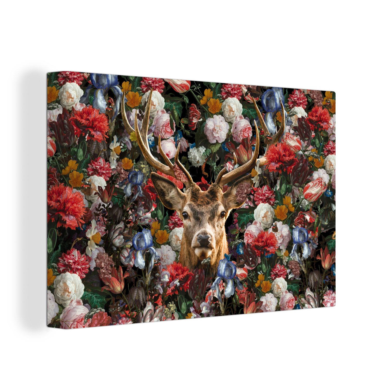 OneMillionCanvasses® Leinwandbild Hirsche - Geweihe - Blumen, (1 St), Wandbild Leinwandbilder, Aufhängefertig, Wanddeko, 30x20 cm
