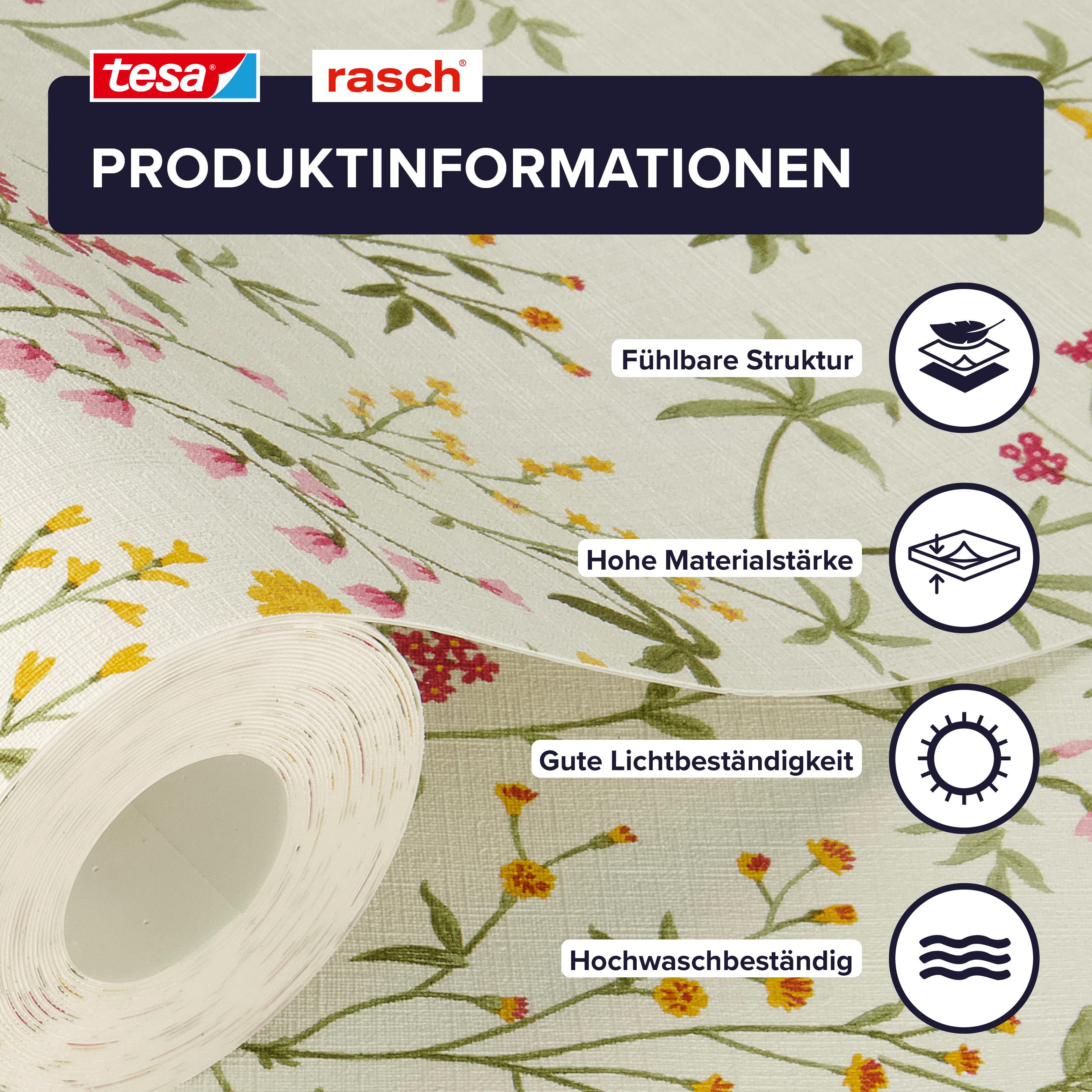 Rasch Vliestapete Daisy - Selbstklebende Tapete Blumen von tesa® x rasch®, strukturiert, floral, geblümt, botanisch, Landhausstil, (1 St), selbstklebend, 6,00m x 0,53m