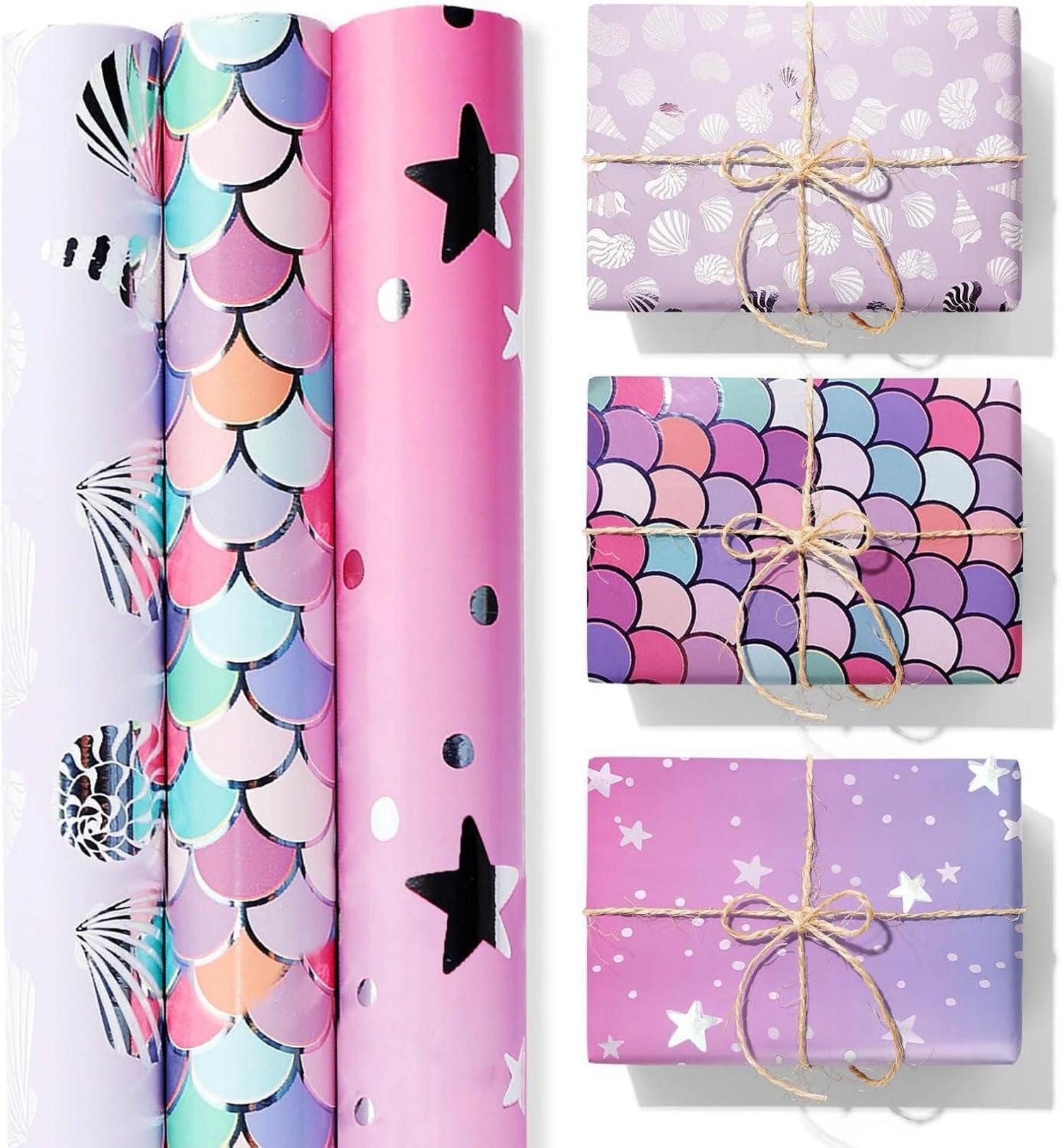 Geschenkpapier 3 Rollen Meerjungfrau Geburtstagsgeschenkpapier 43cm x 3m