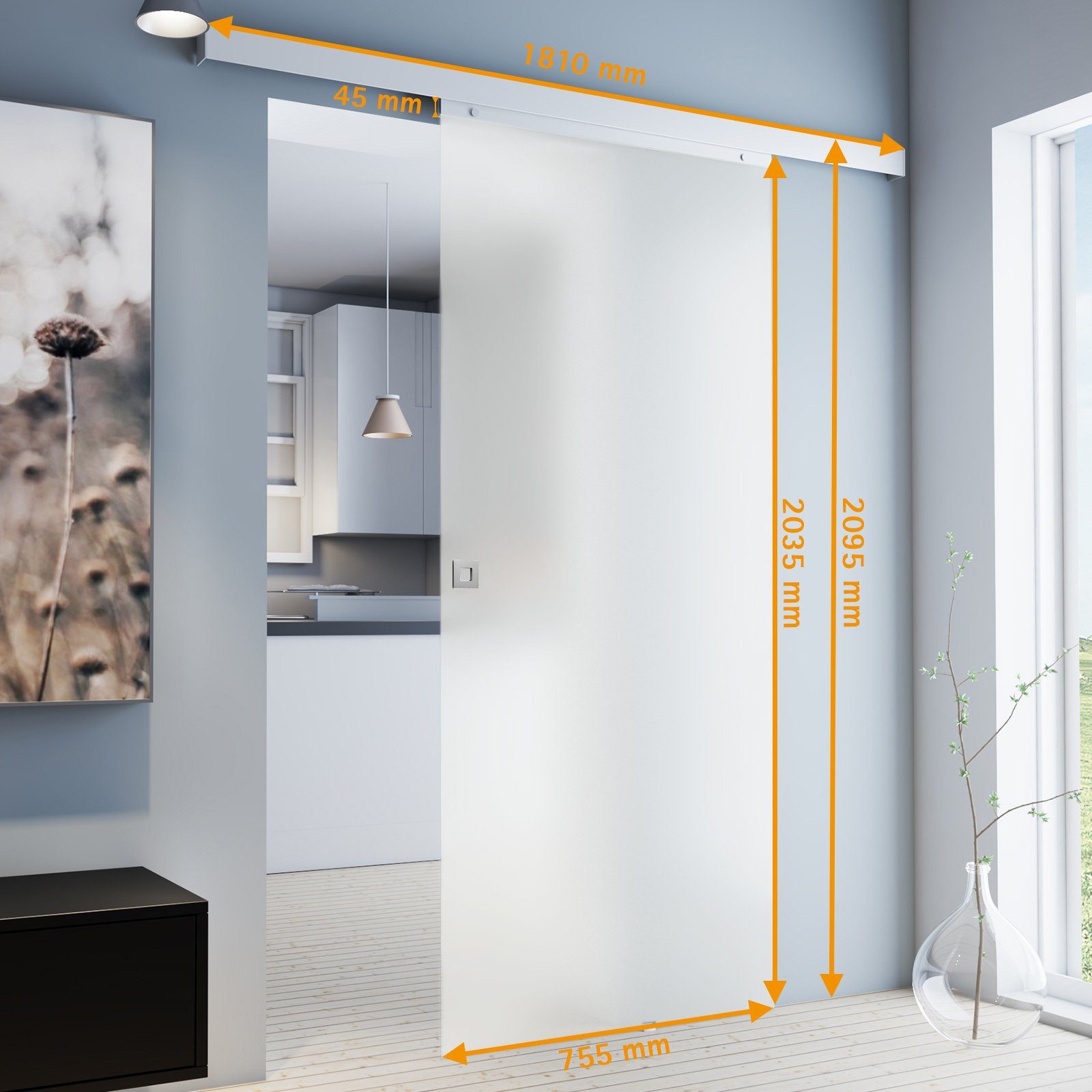 inova wohnen Glasschiebetür Milchglas, Größenauswahl (Komplett Set, inkl. Schienensystem und Griff), Softclose-Funktion wählbar