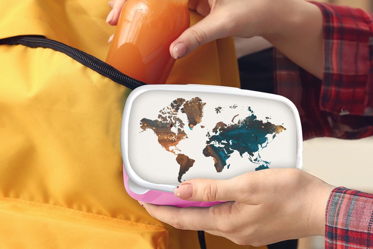 Kunststoff, - Mädchen, MuchoWow Farbe, Lunchbox rosa Erwachsene, Blau - Weltkarte Kinder, Brotbox für Brotdose (2-tlg), Snackbox, Kunststoff