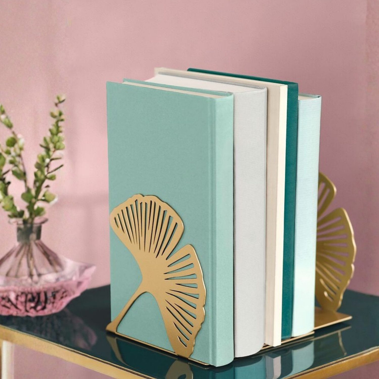 Moses. Verlag Buchstütze Ginkgo Metall goldfarben 2er Set für Bücherregale – Bild 4 von 5