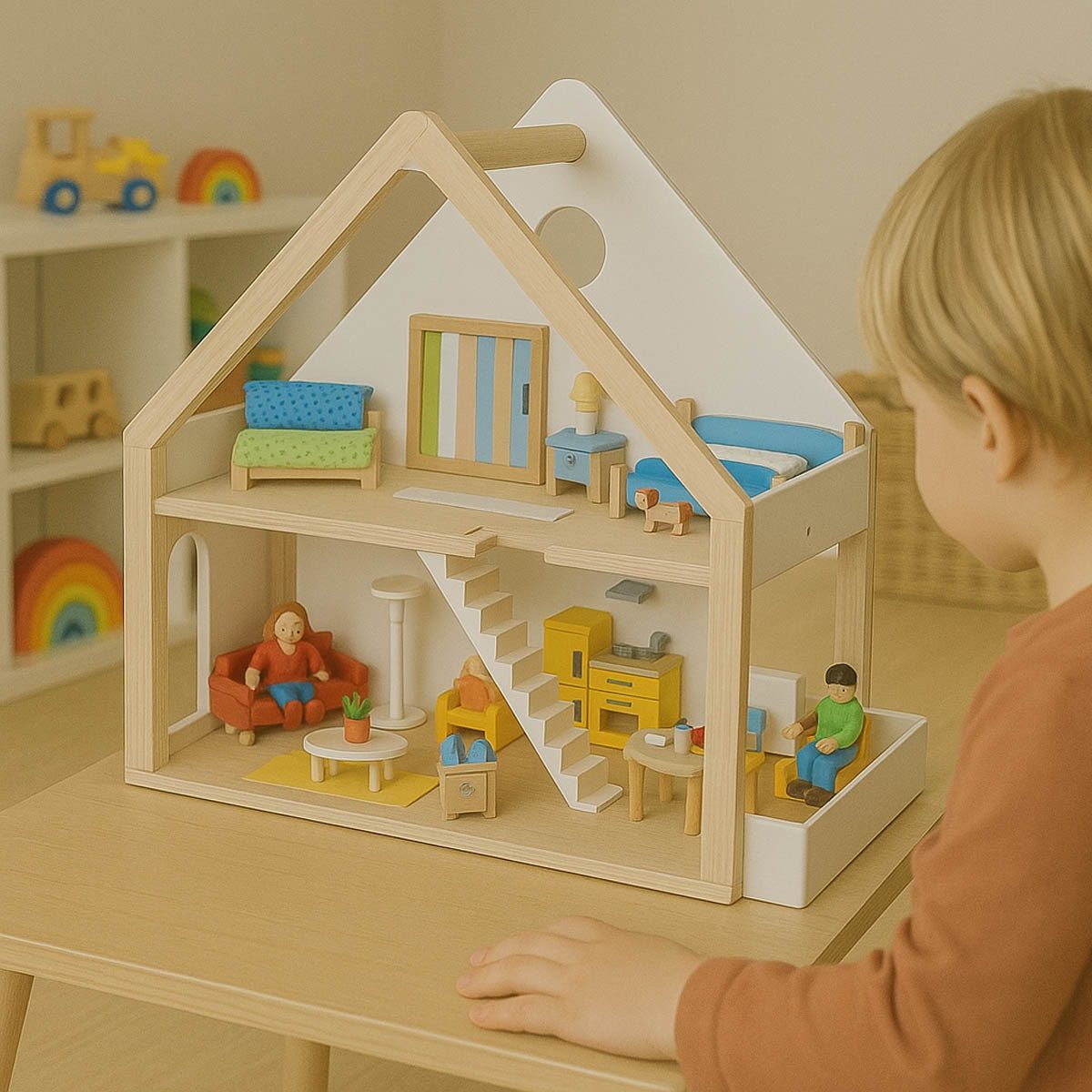 goki Puppenhaus Puppenhaus mit 2 Etagen, (packung, 1-tlg., unmontiert), Offenes Dach für besseren Zugang