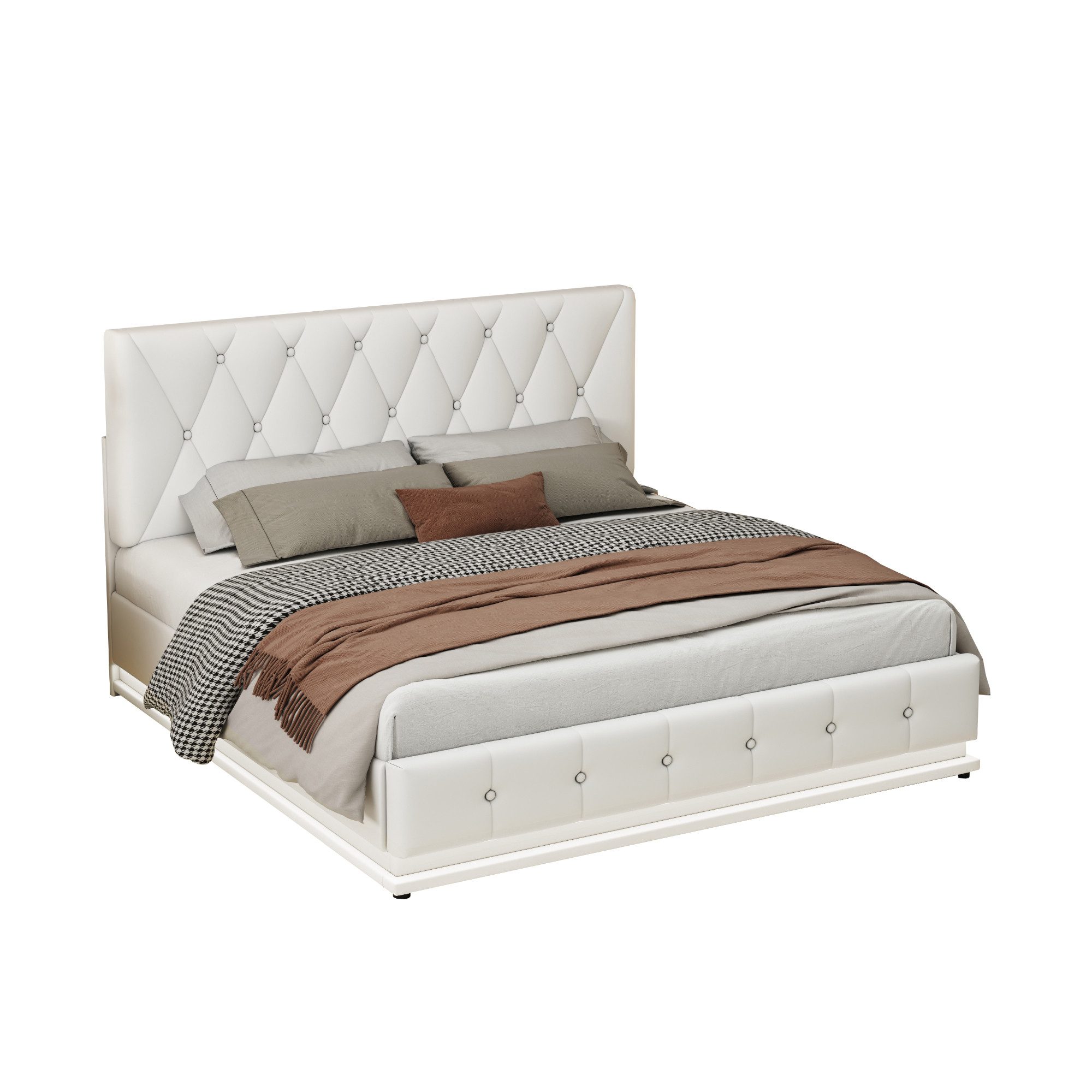 Flieks Polsterbett, LED Beleuchtung Doppelbett Stauraumbett 140x200cm Kunstleder