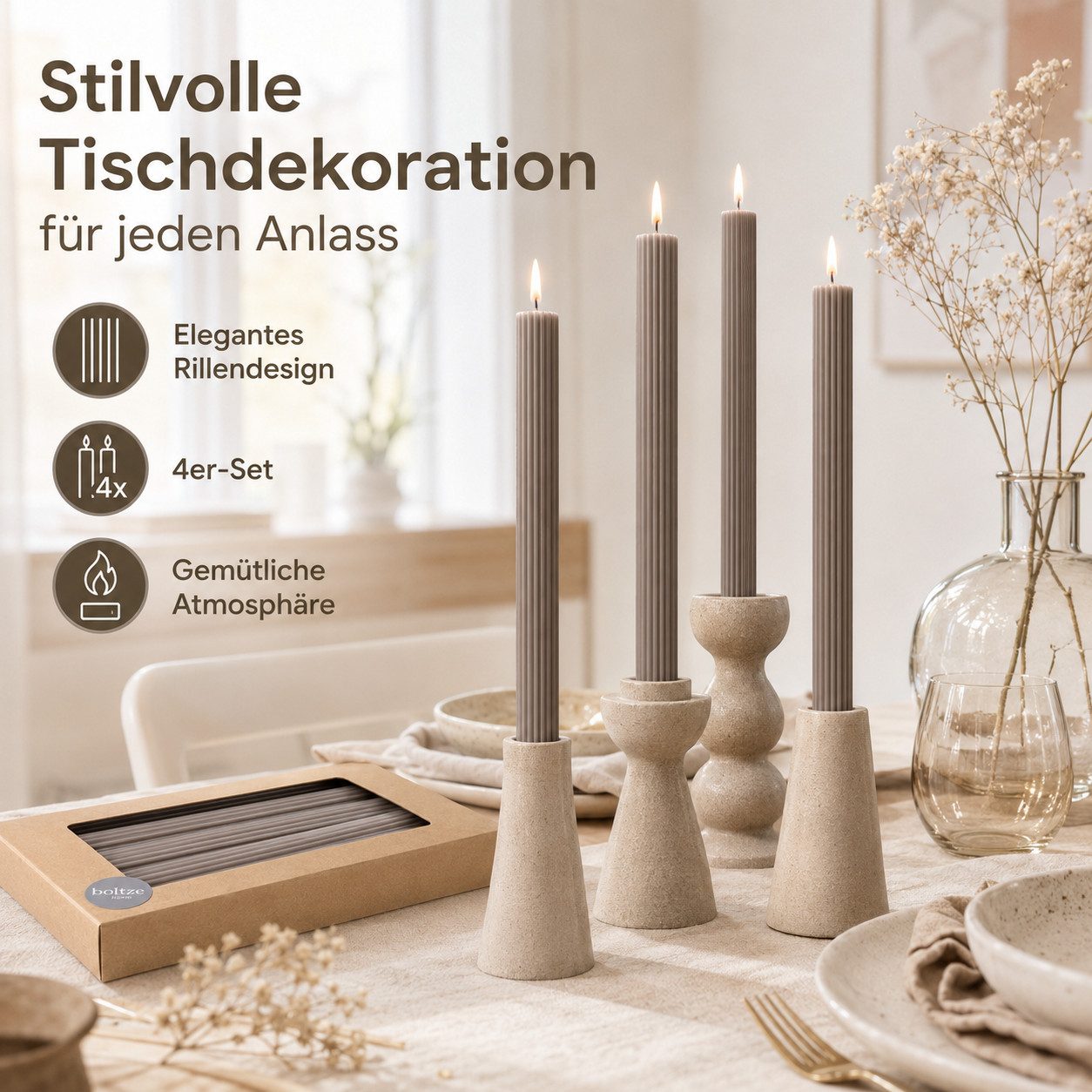 BOLTZE Tafelkerze Stabkerzen Klassik Braun 4er-Set mit Rillen 25 cm