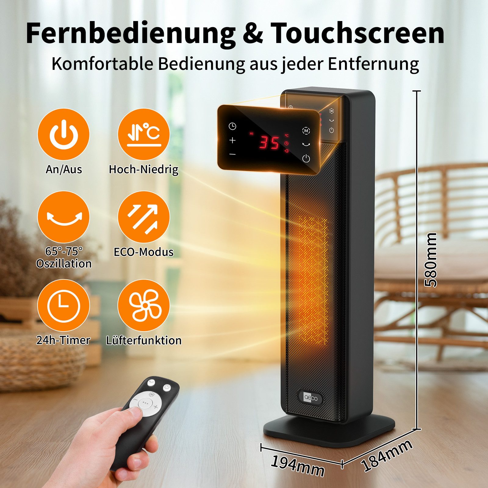 AECO Heizlüfter EcoHeat Boost, Fernbedienung,Lüfterfunktion,Oszillation,LED Touch-Display, 24h-Timer