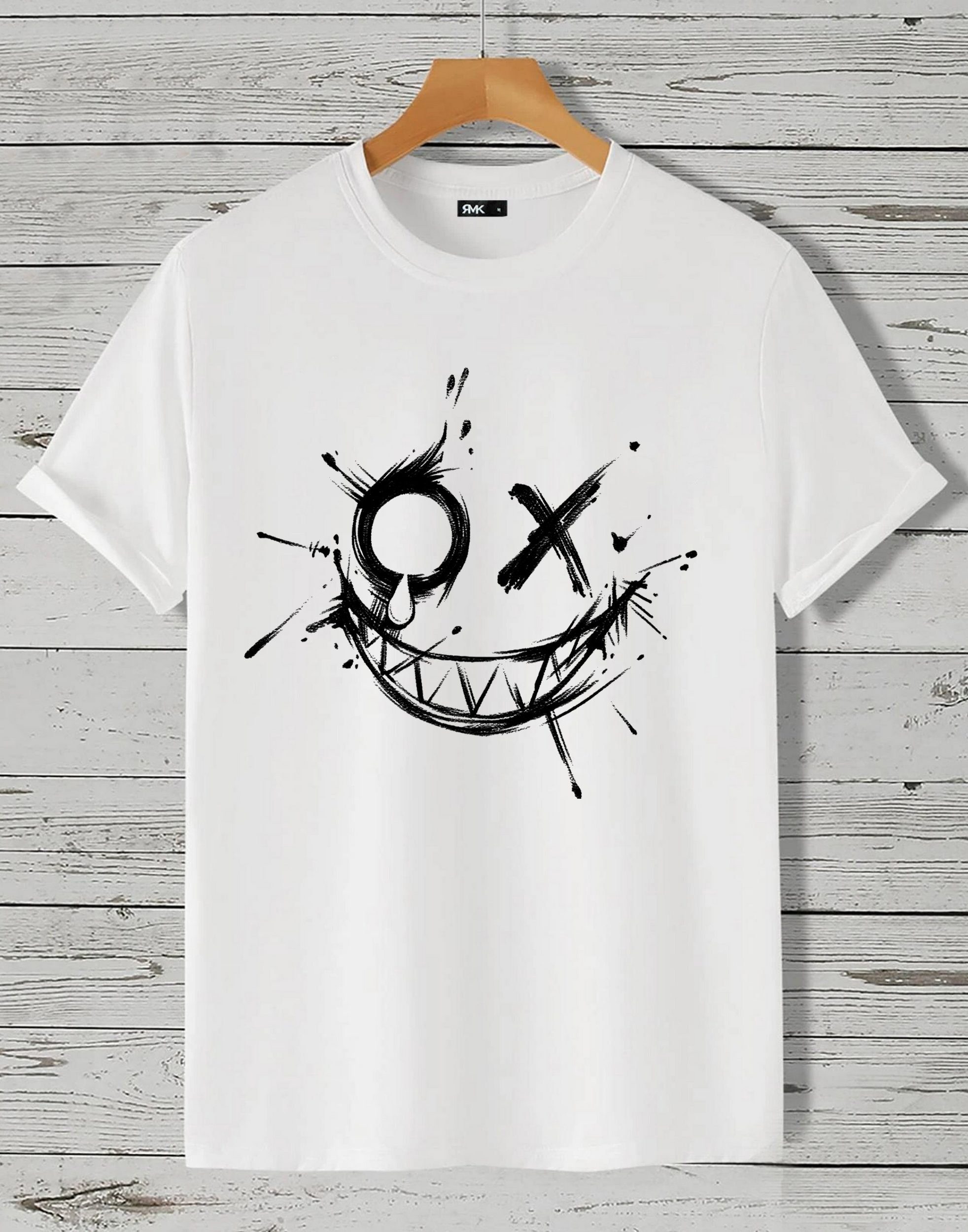 RMK T-Shirt Herren Shirt Rundhals Vintage Smile Smiley in Unifarbe, aus Baumwolle Weiß_1
