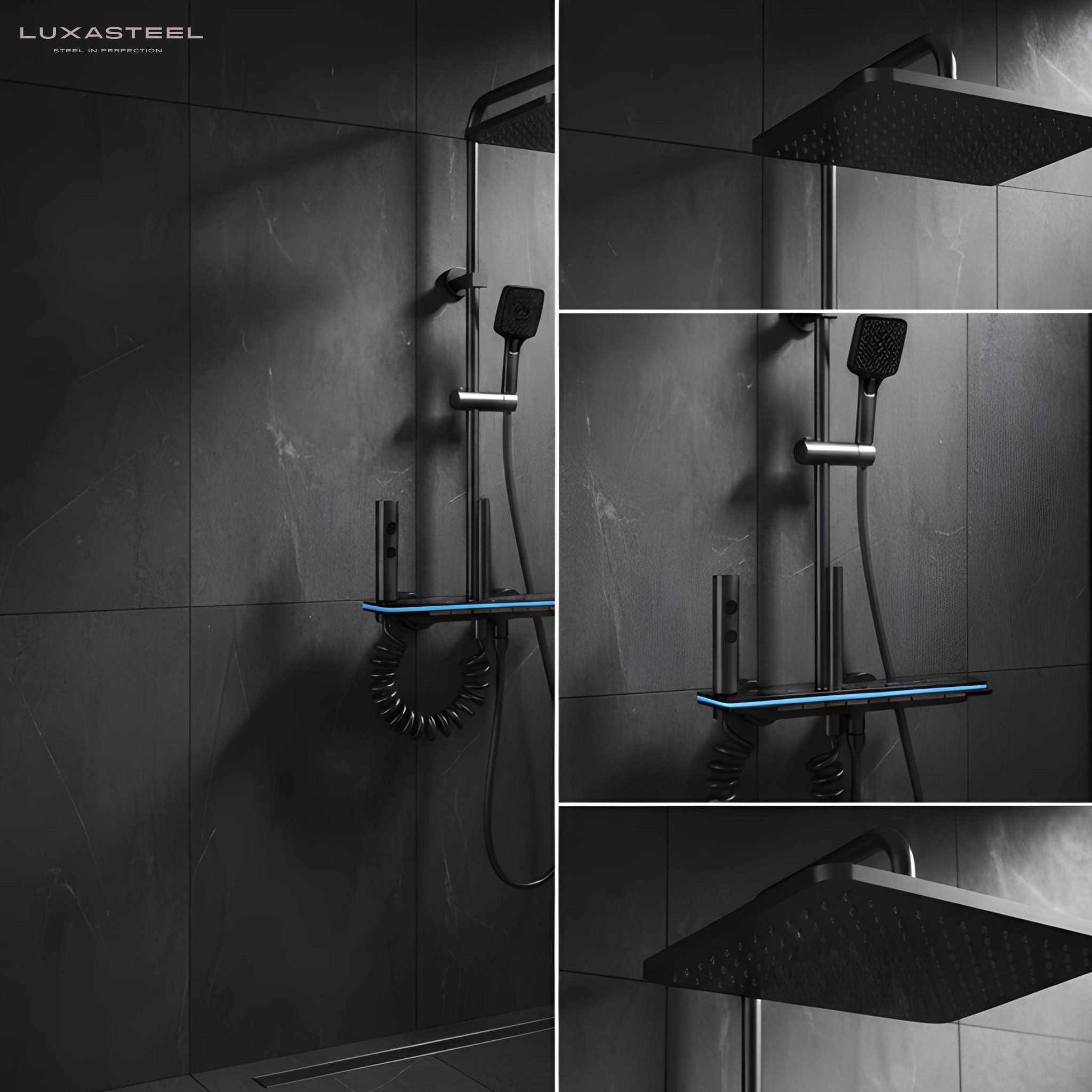 LuxaSteel Duscharmatur Duschsystem mit LED-Beleuchtung & Display (Komplett-Set, Direkt einsatzbereit) Regendusche Komplettset mit LED-Beleuchtung & Display